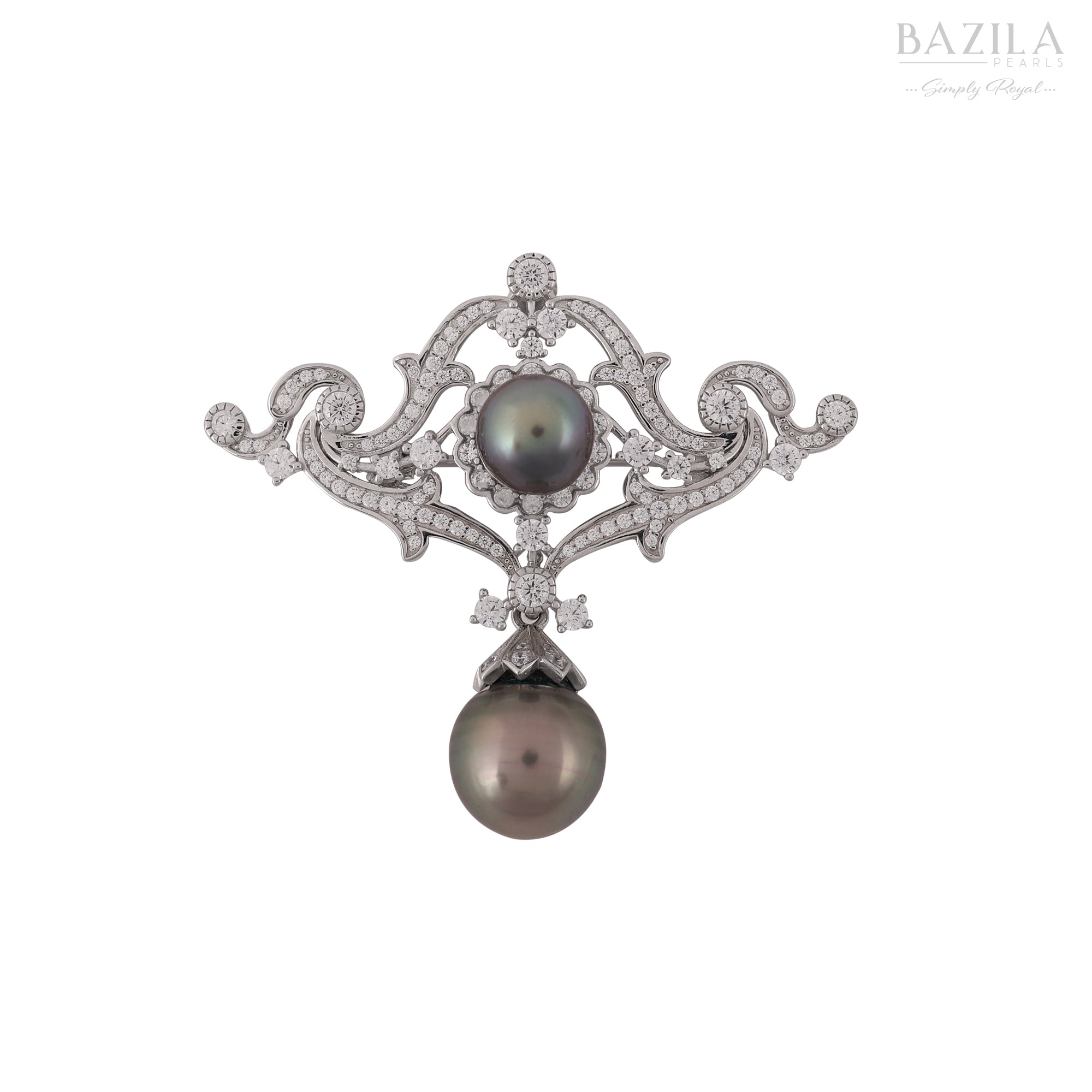 Handcrafted Silver Brooch with Dual Tahitian Pearls and Dazzling Zircon