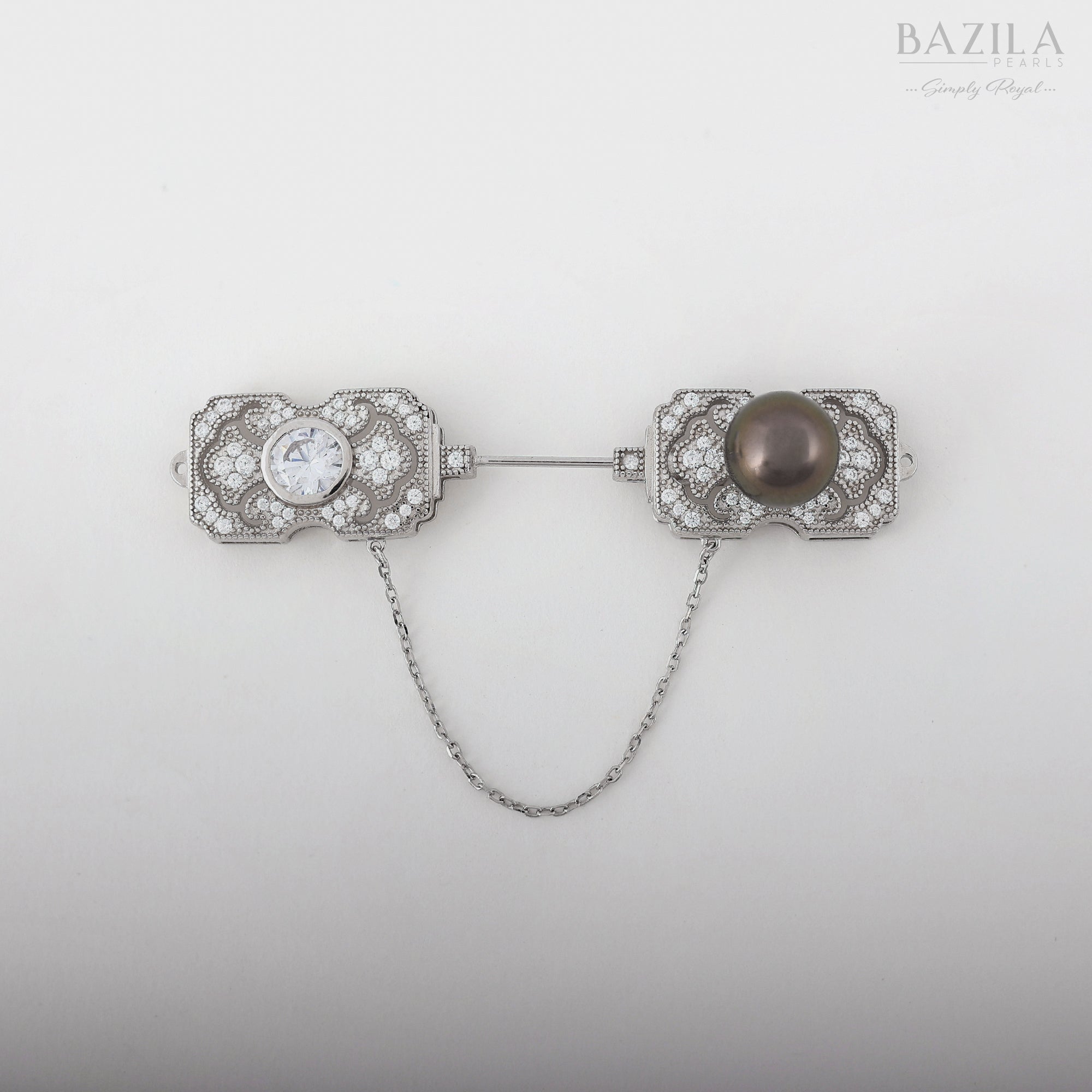 Vintage-Inspired Silver Brooch with Tahitian Pearl and Sparkling Zircon