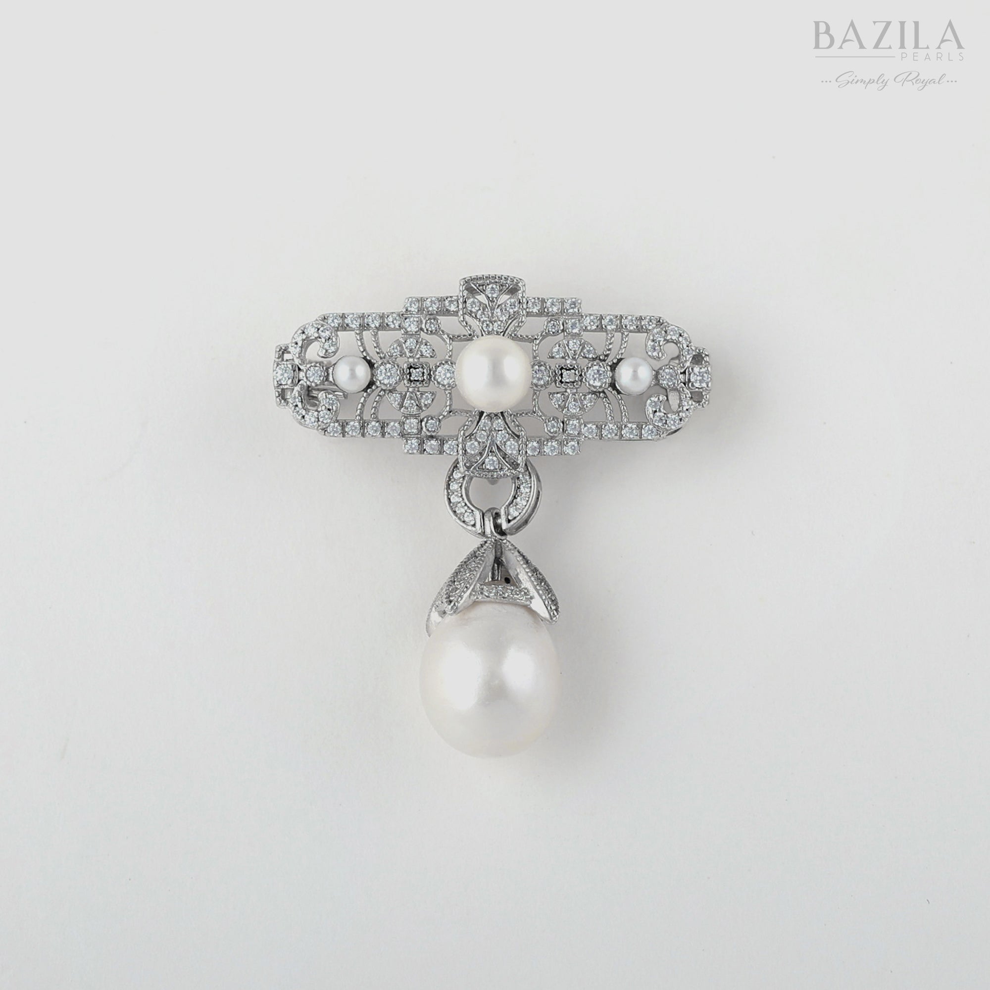 Luxury Silver Brooch Featuring South Sea Pearls and Ornate Zircon Filigree