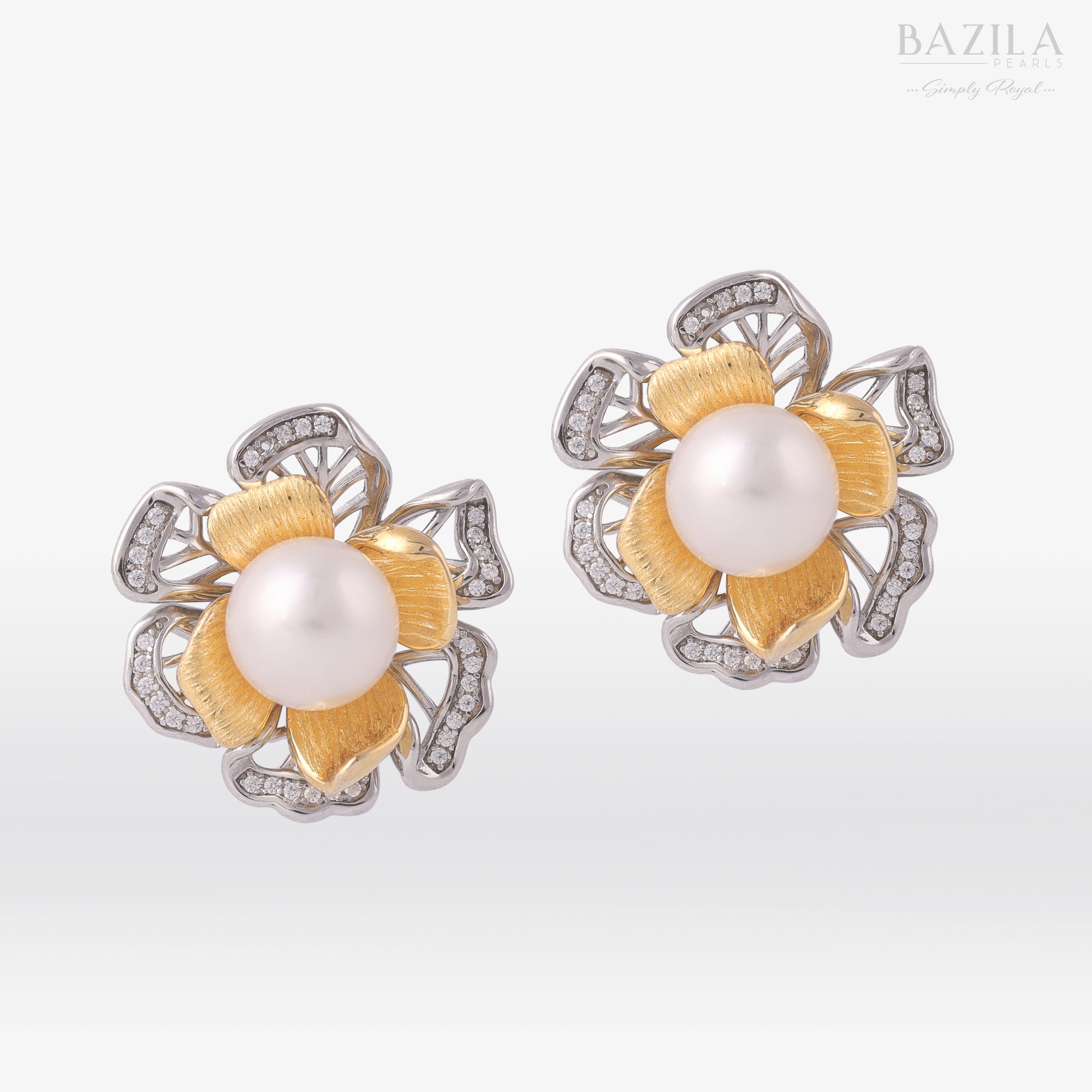 Floral-Inspired Silver Earrings with South Sea Pearls and Zircon Accents