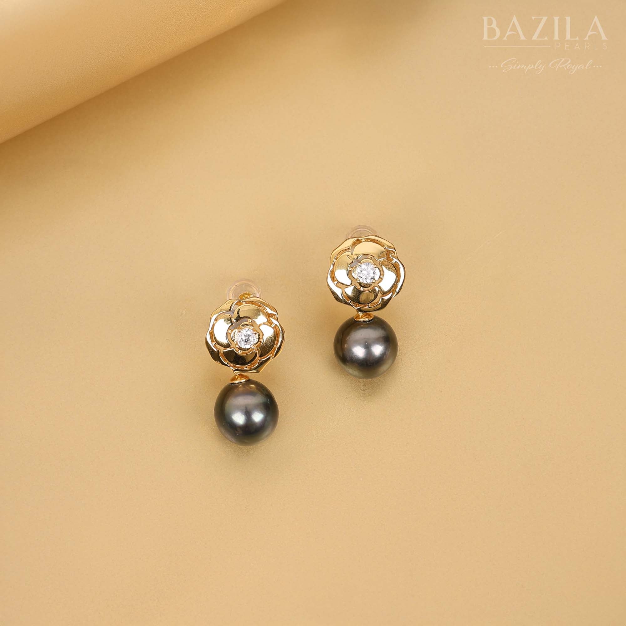 Luxury Silver Earrings with Tahitian Pearls and Gold-Toned Zircon Blooms