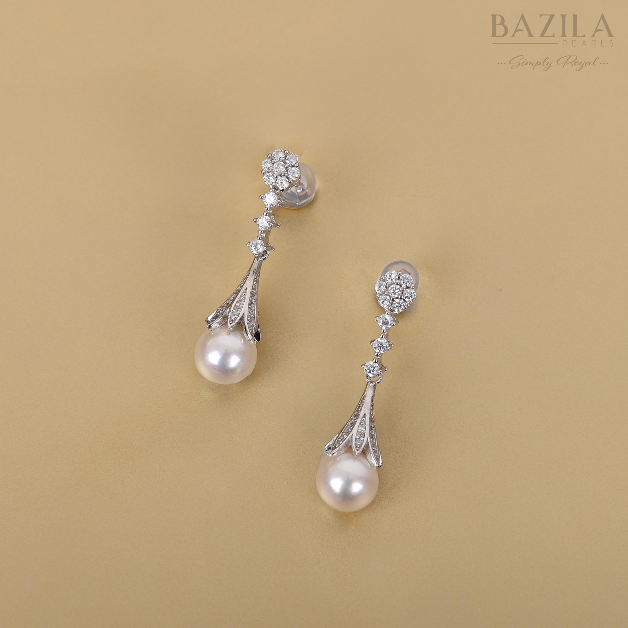 Exquisite South Sea Pearl Drop Earrings in Sterling Silver with Zircon Detailing
