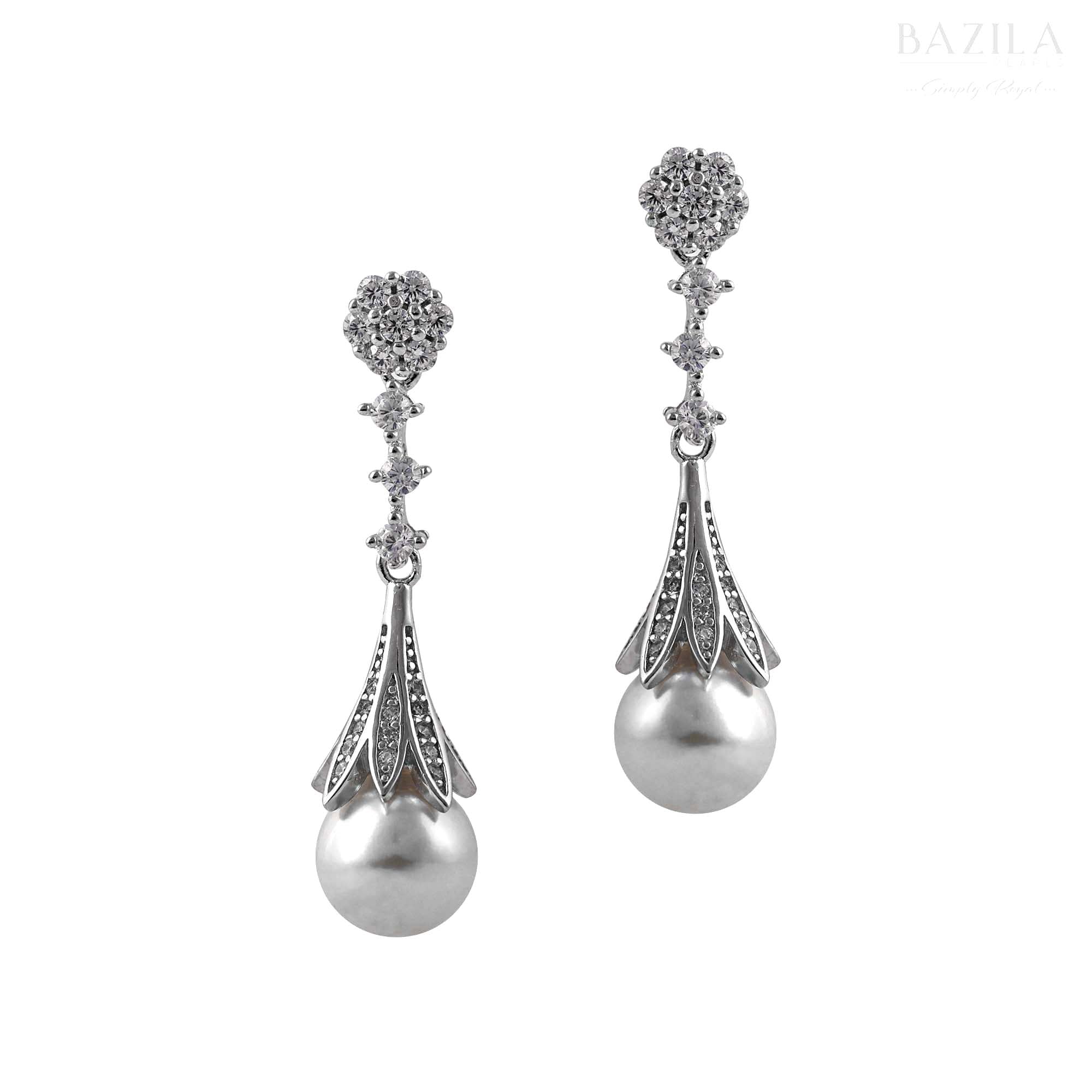 Exquisite South Sea Pearl Drop Earrings in Sterling Silver with Zircon Detailing