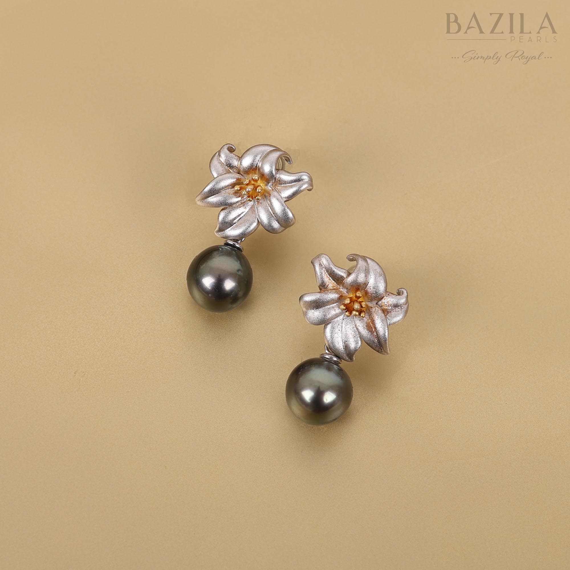 Tahitian Pearl Drop Earrings in Silver with Handcrafted Floral Motif