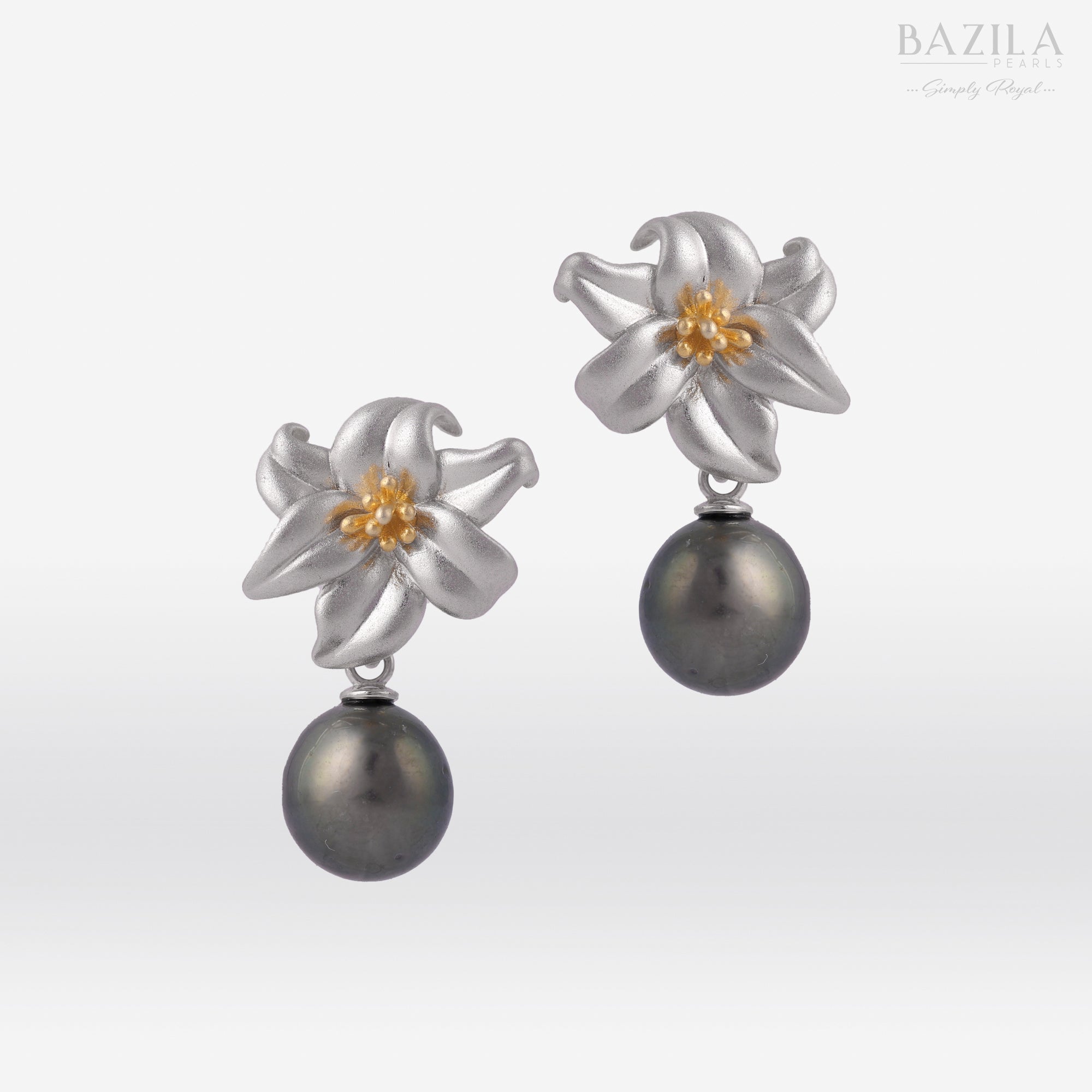 Tahitian Pearl Drop Earrings in Silver with Handcrafted Floral Motif
