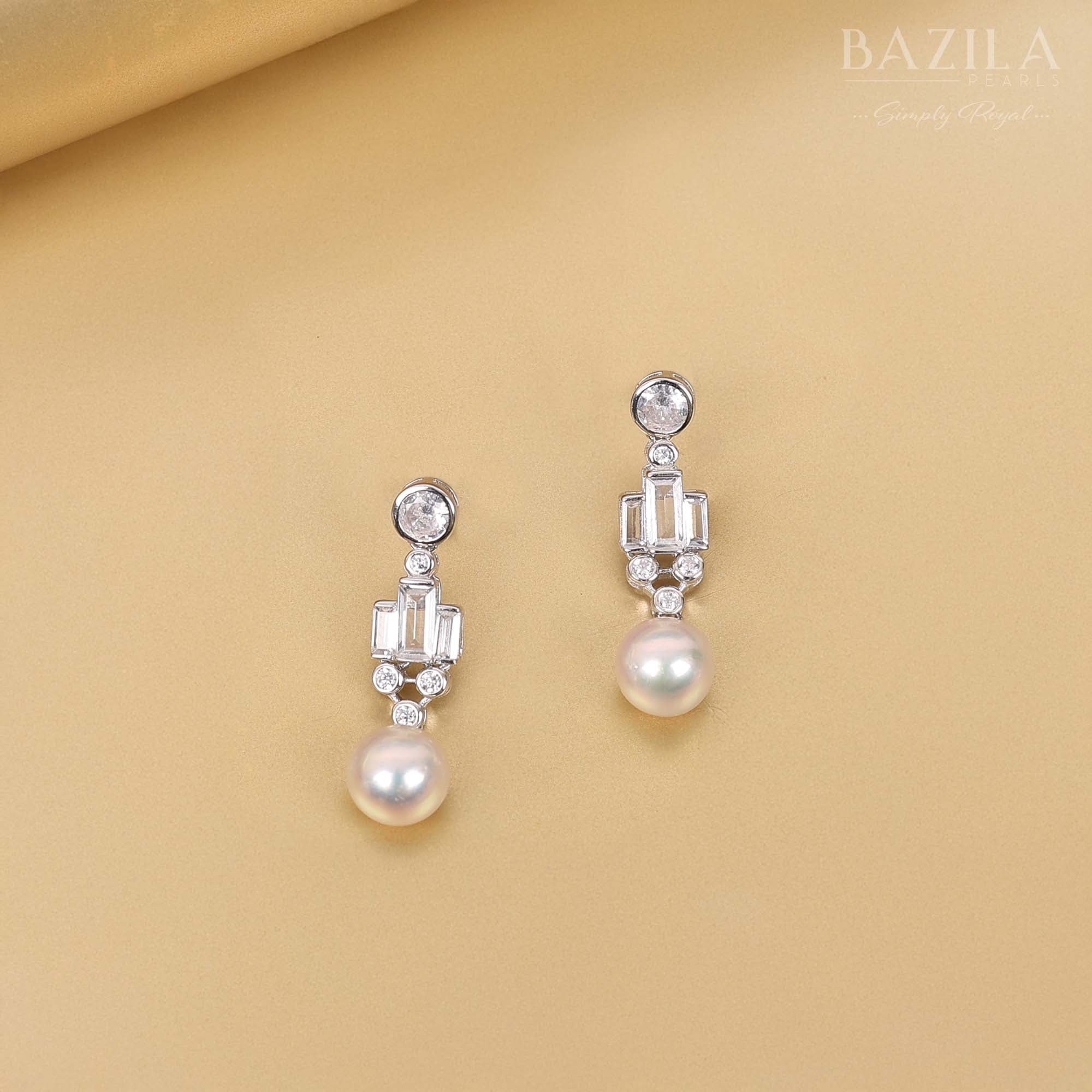 Luxury Silver Earrings with Natural Akoya Pearls and Baguette Zircon Detailing