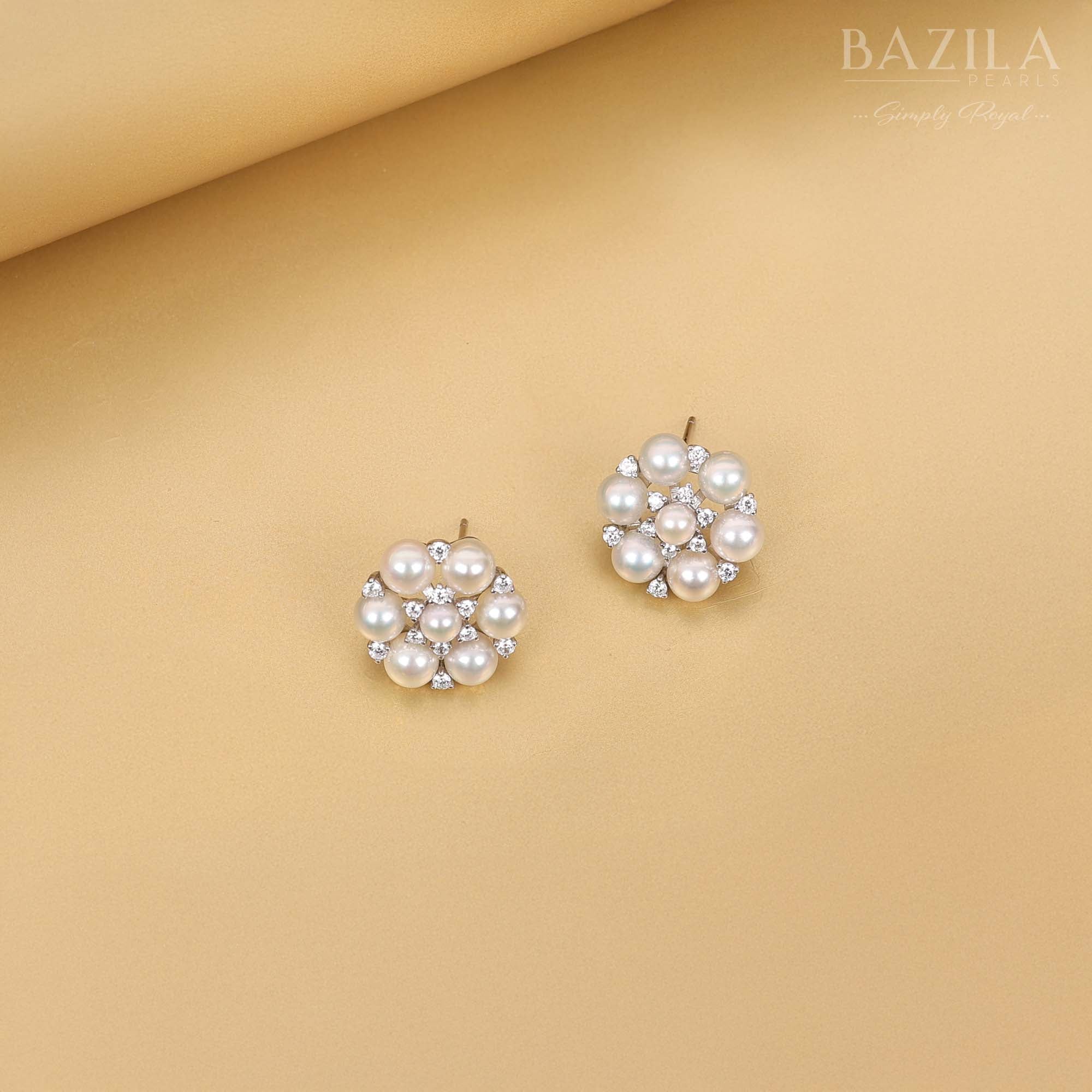Exquisite Akoya Pearl Cluster Earrings in Sterling Silver with Zircon Accents