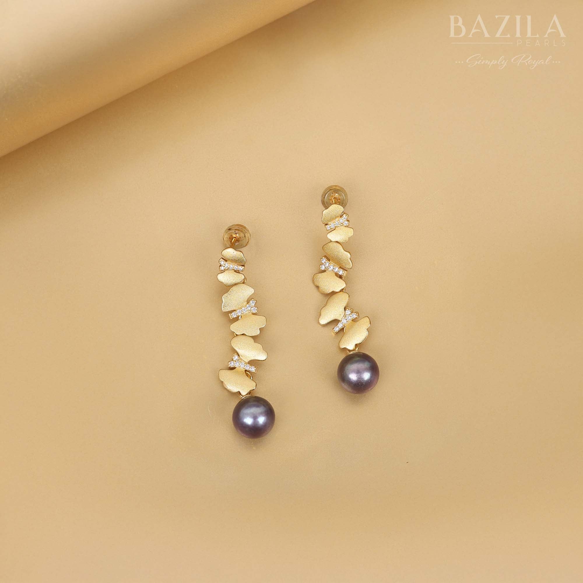 Exquisite Tahitian Pearl Drop Earrings in Sterling Silver with Leaf Design