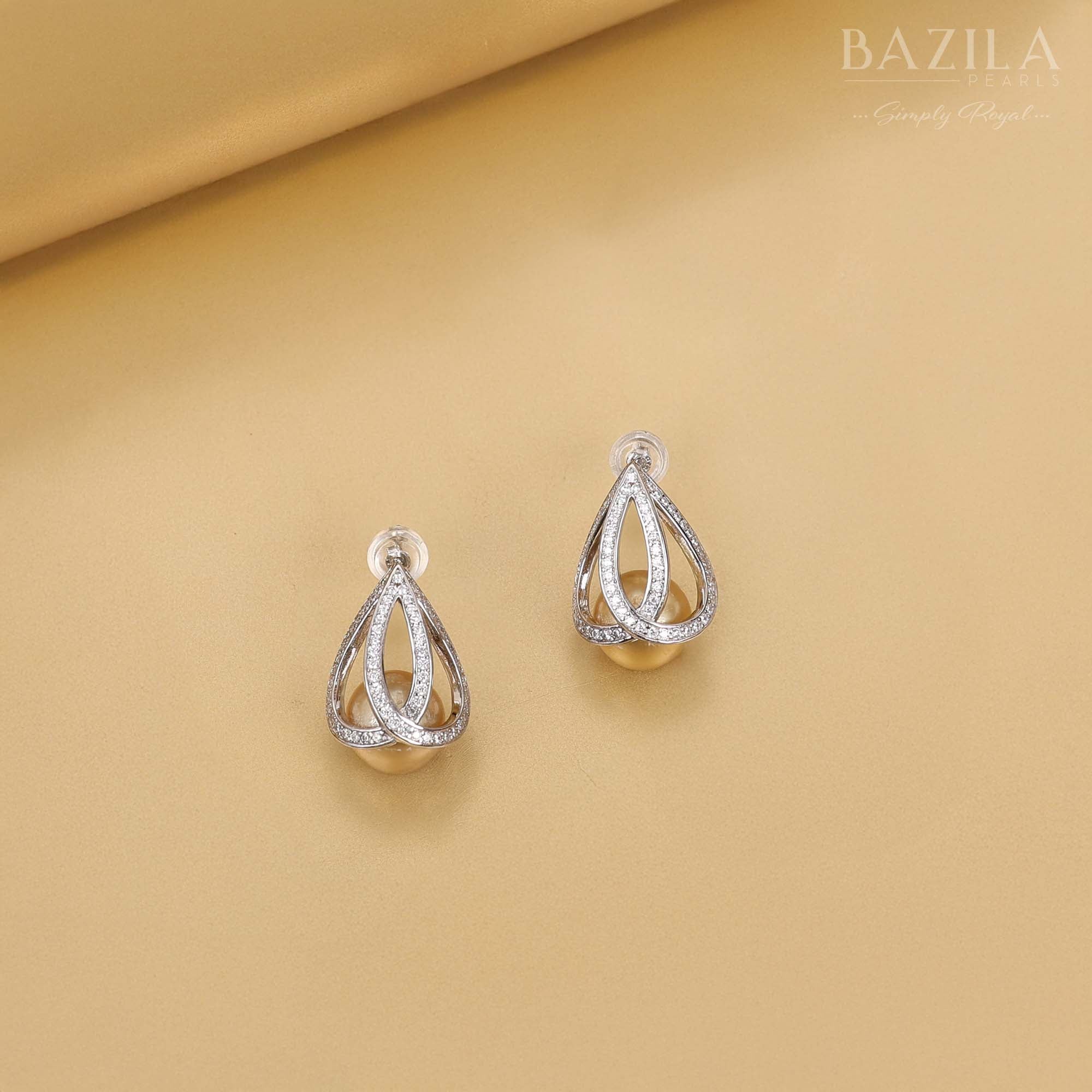 Elegant Silver Teardrop Earrings with Golden South Sea Pearls