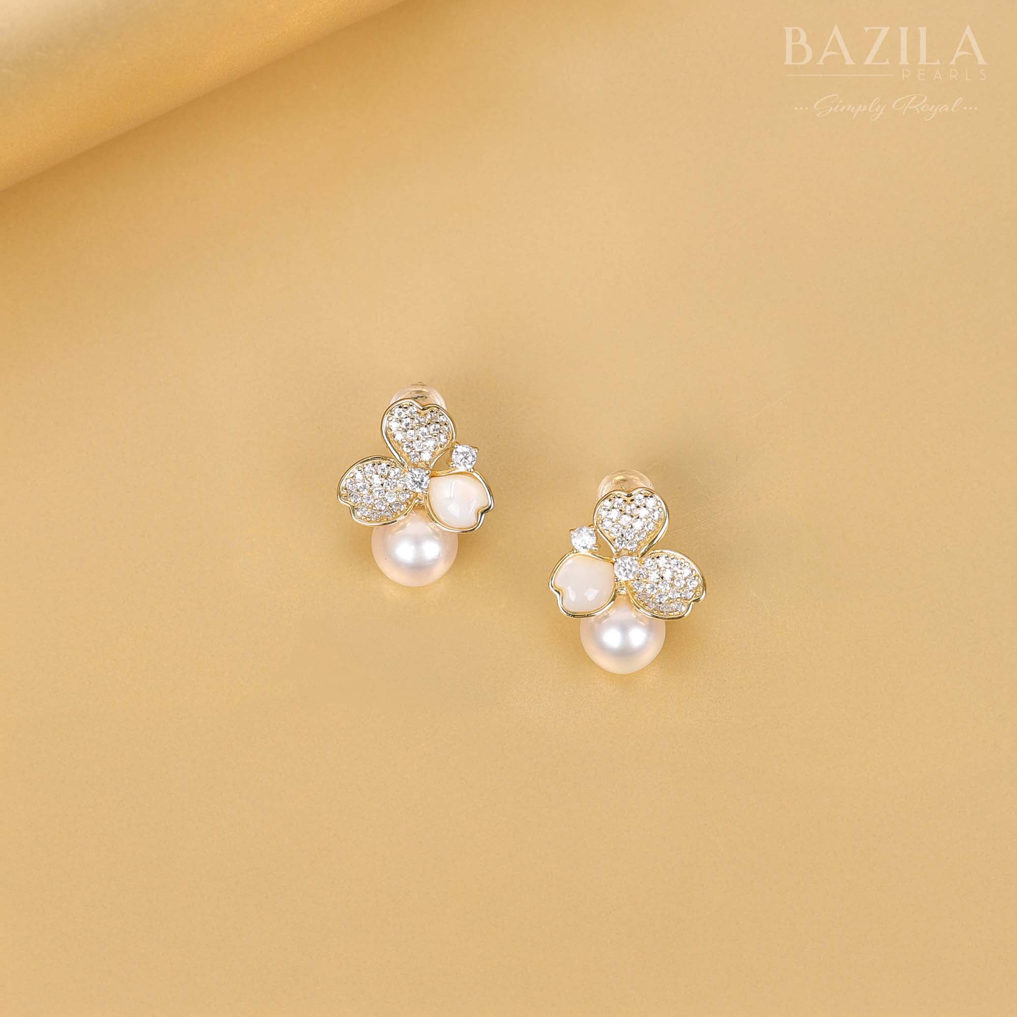 Handcrafted Sterling Silver Earrings Featuring South Sea Pearls and Zircon Floral Accents