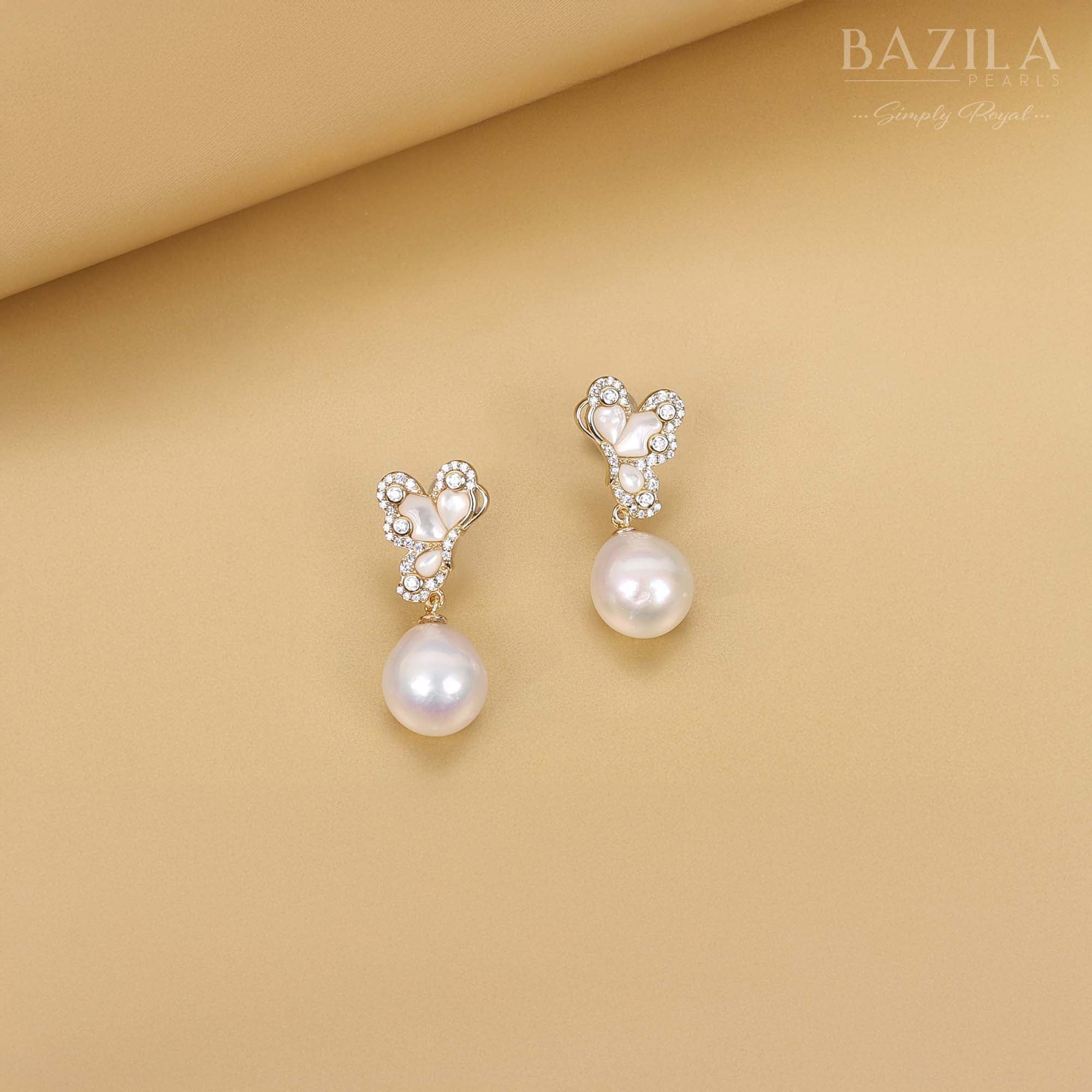 Modern South Sea Pearl Earrings in Sterling Silver with Butterfly Design