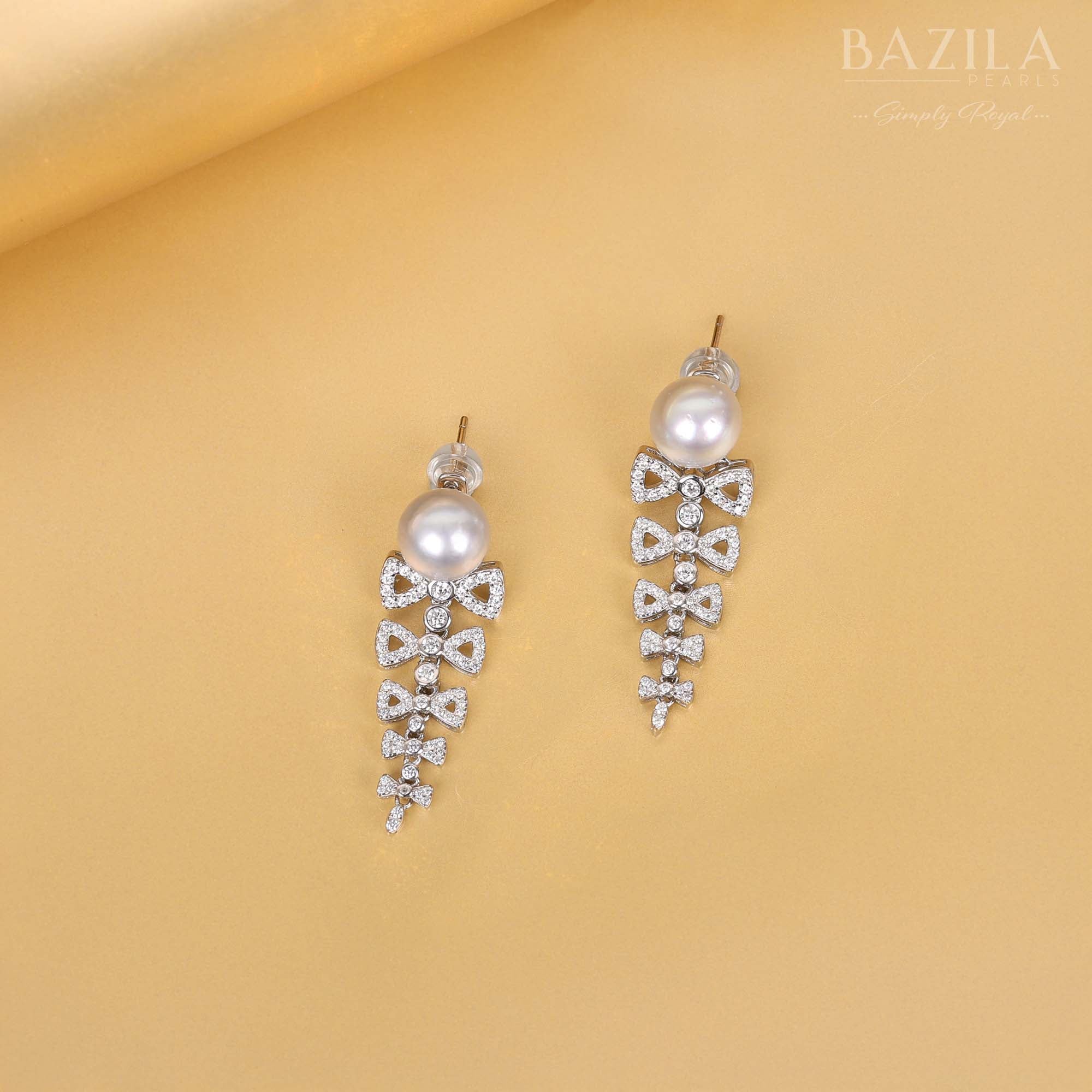 Silver Bow Cascade Earrings with South Sea Pearls and Fine Zircon Accents