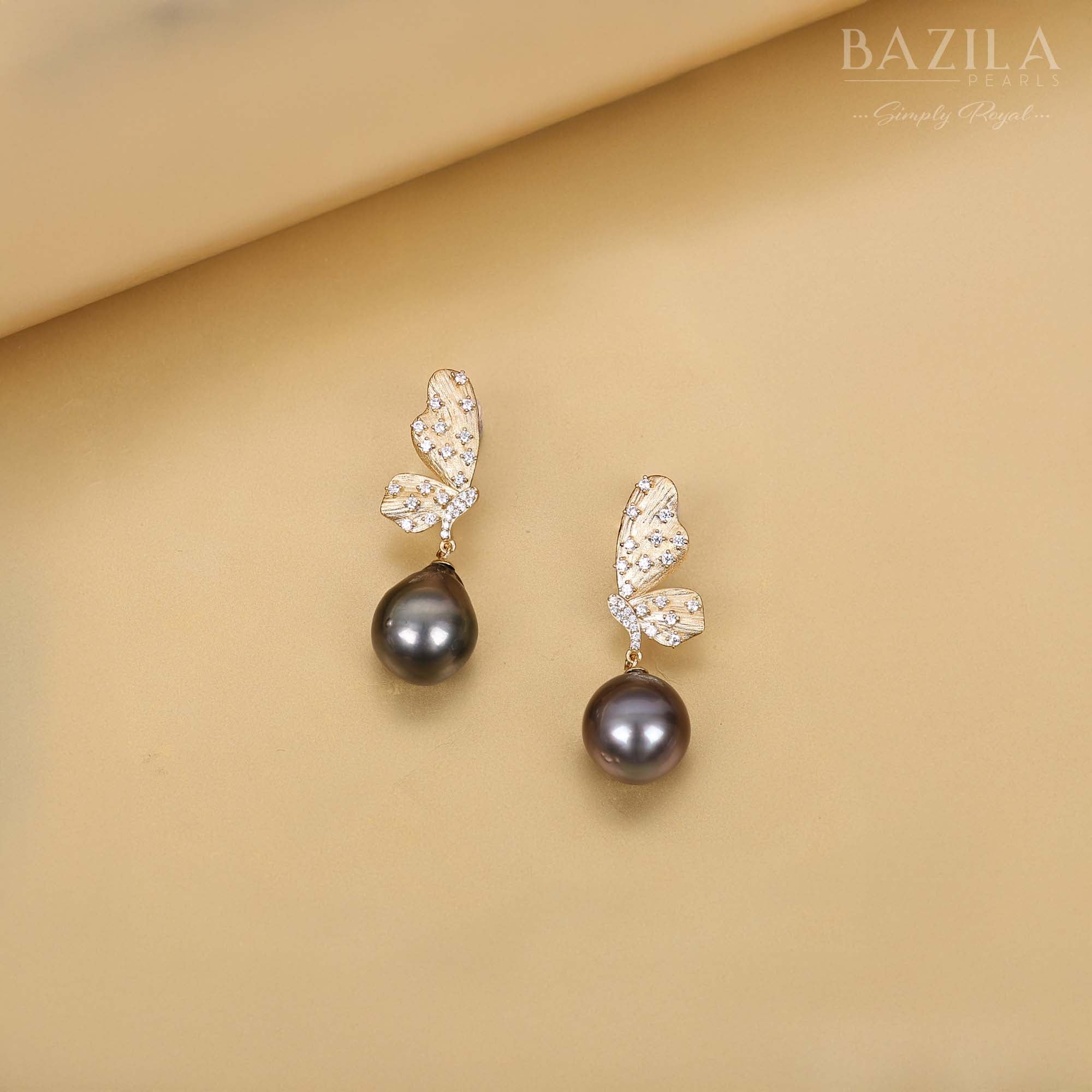Majestic Tahitian Pearl Earrings in Silver with Zircon-Adorned Butterfly Wings