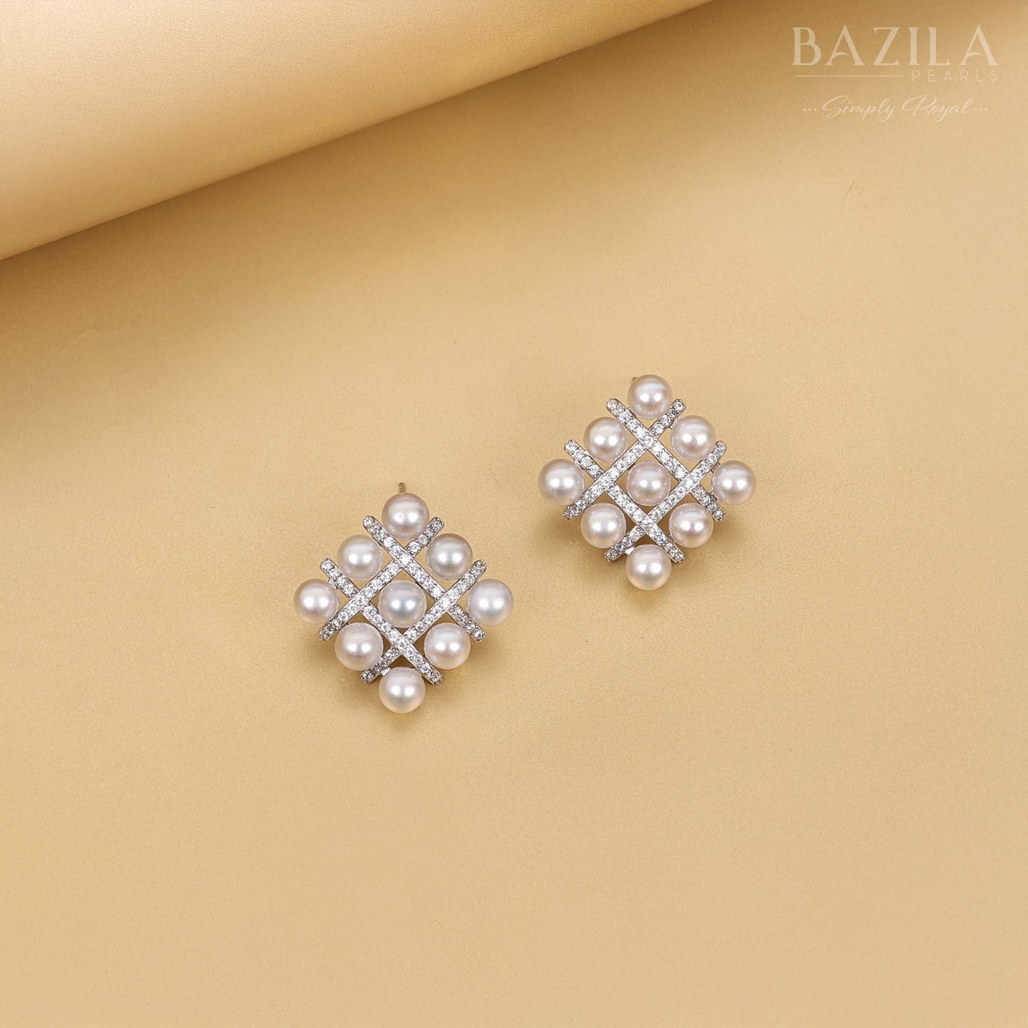 Royal South Sea Pearl Earrings in Silver with Elegant Zircon Crisscross Setting