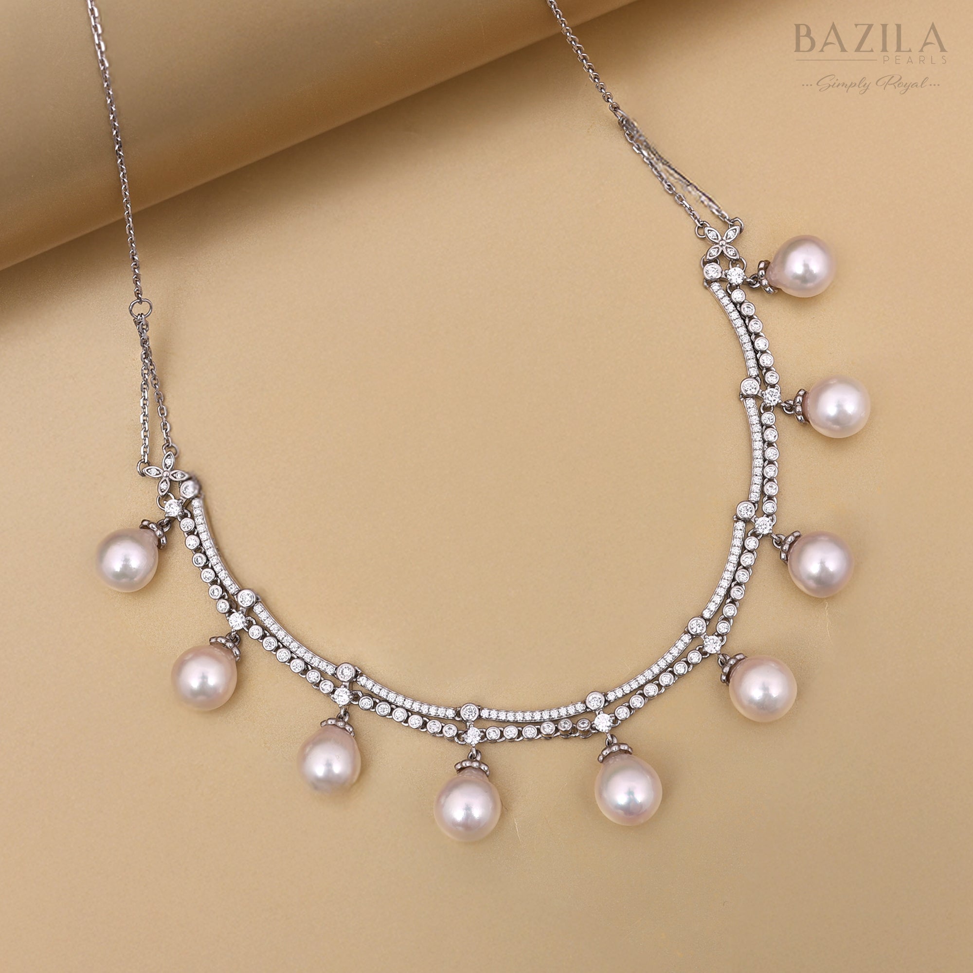 South Sea & Akoya Pearl Necklace in Silver with Zircon-Embedded Artistry