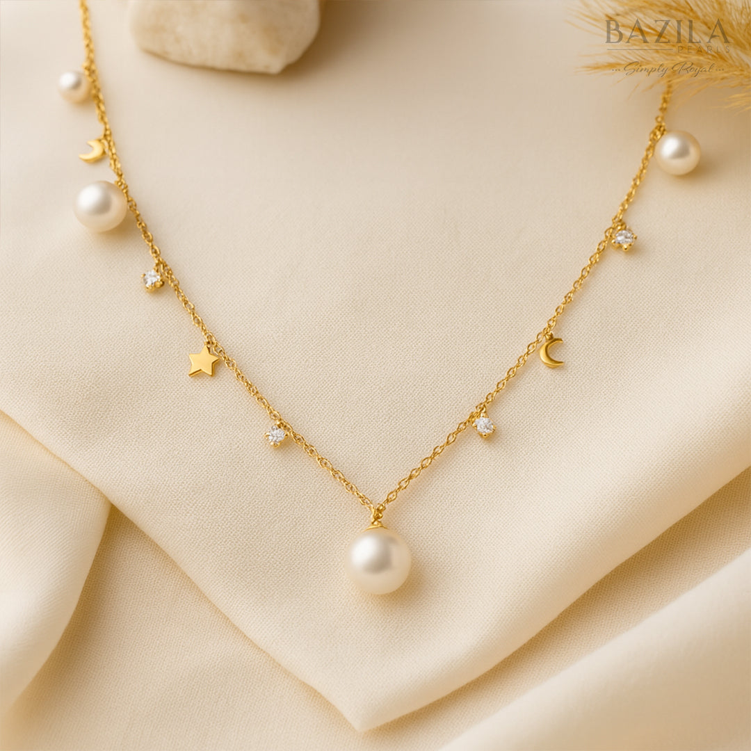South Sea Cultured Akoya Pearl Necklace in Sterling Silver with Star & Crescent Motifs