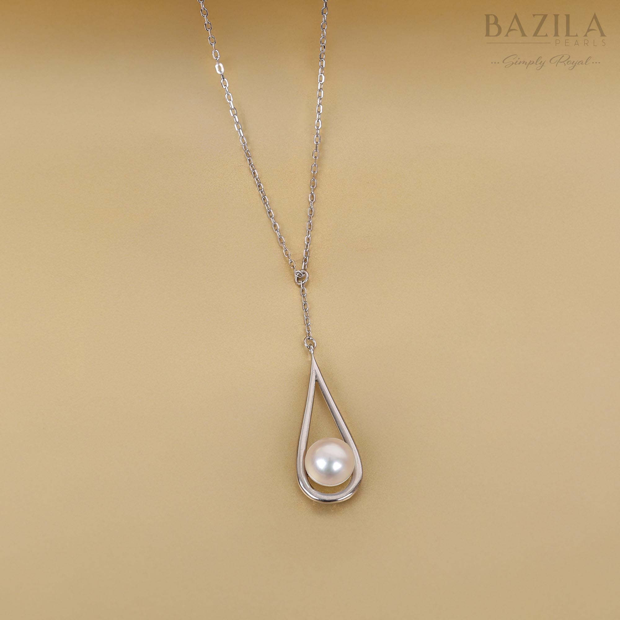 Elegant Akoya Pearl Pendant in Silver with Contemporary Drop Frame Setting