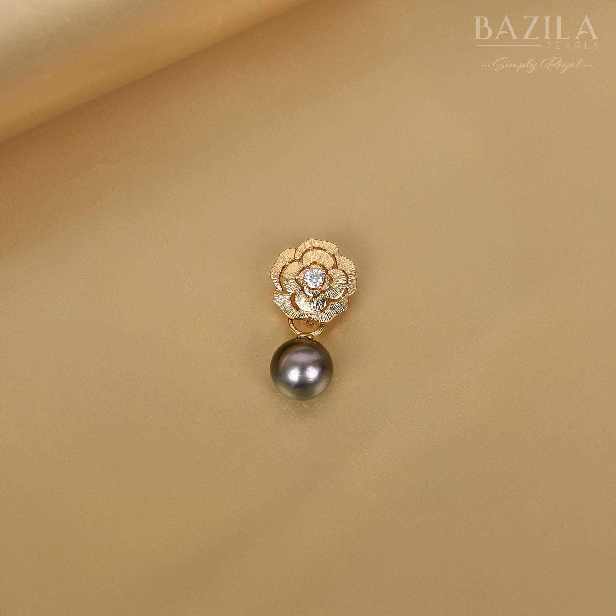 Tahitian Pearl Drop Pendant in Silver with Blossom Accent