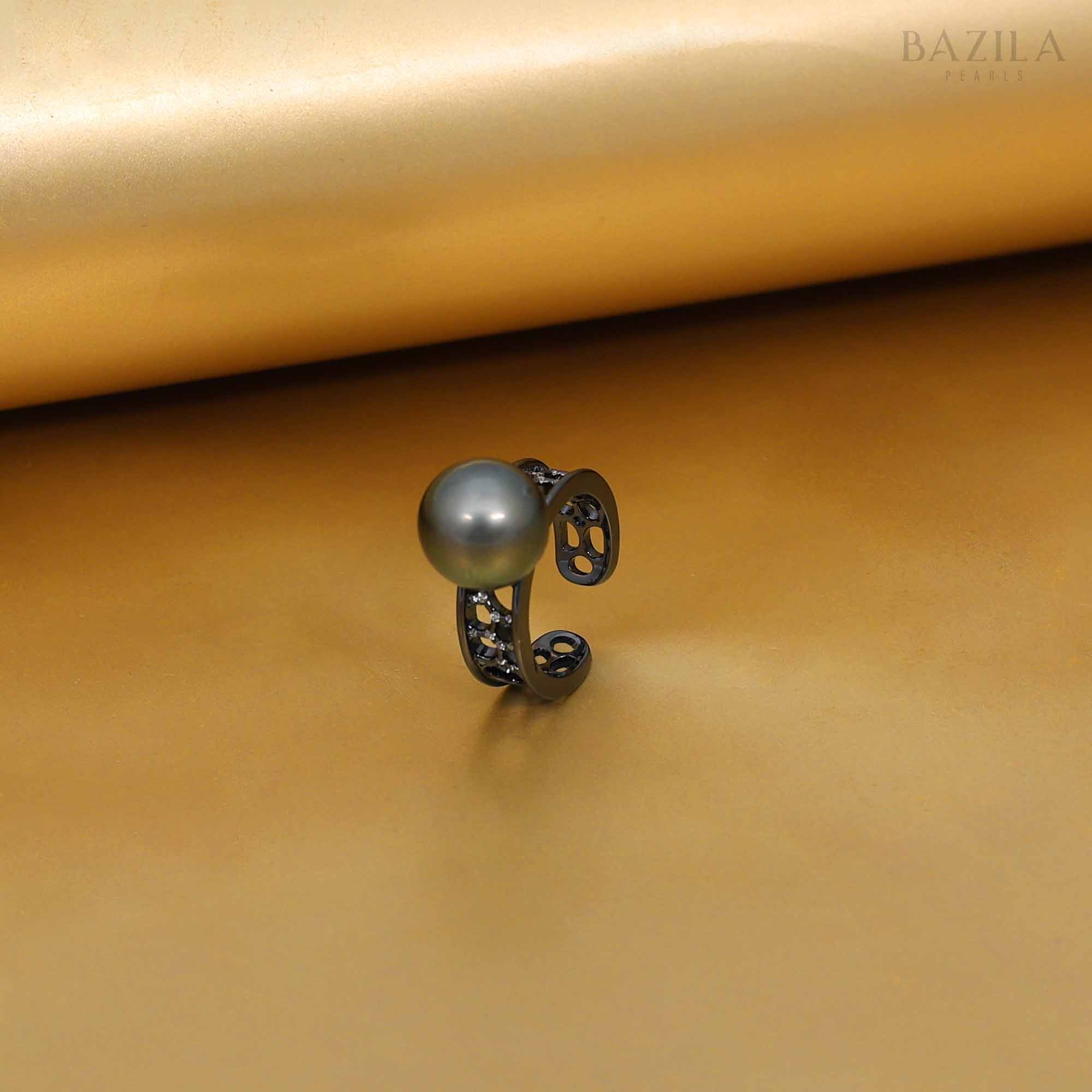 Intricate Zircon Infinity Tahitian  Pearl Ring in Sterling Silver