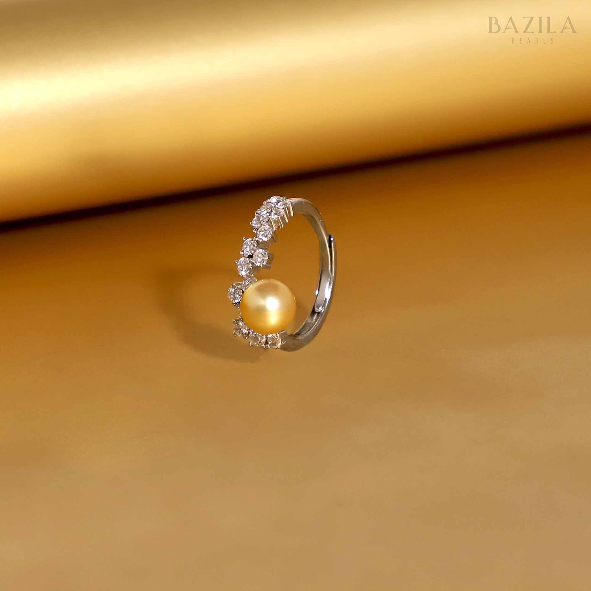 Sterling Silver Zircon Ring with Golden pearl – A Touch of Grace
