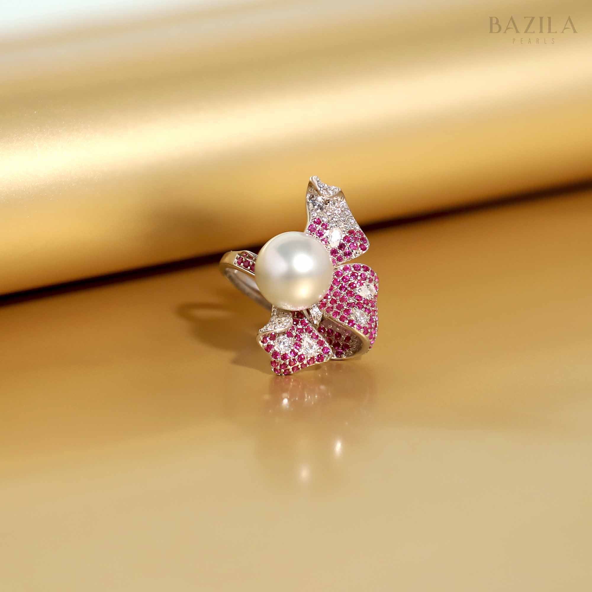 Blossom of Elegance: South Sea Pearl & Ruby Ribbon Ring