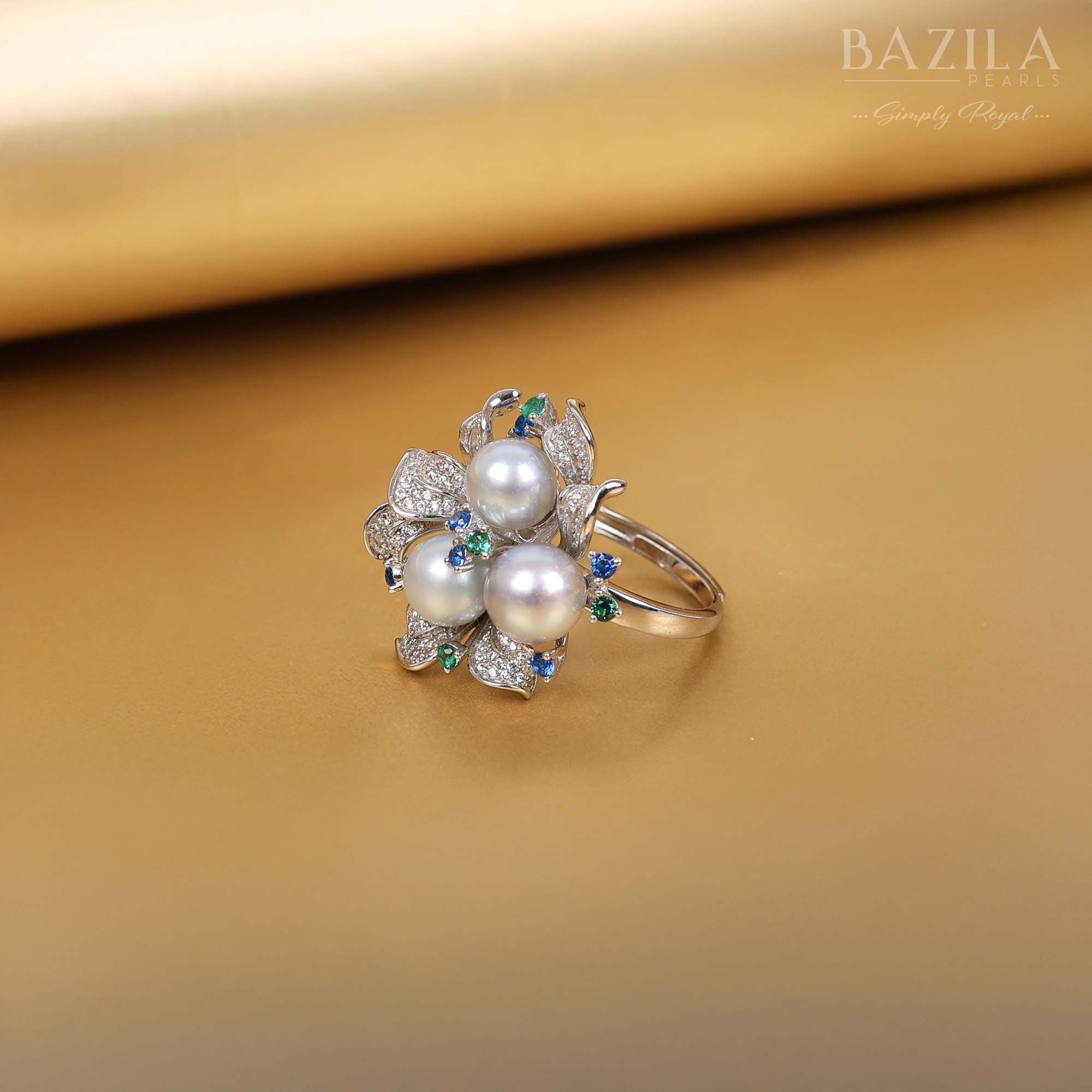 Seawater Cultured Akoya Pearl Floral Ring in Sterling Silver with Blue and Green Gem Accents