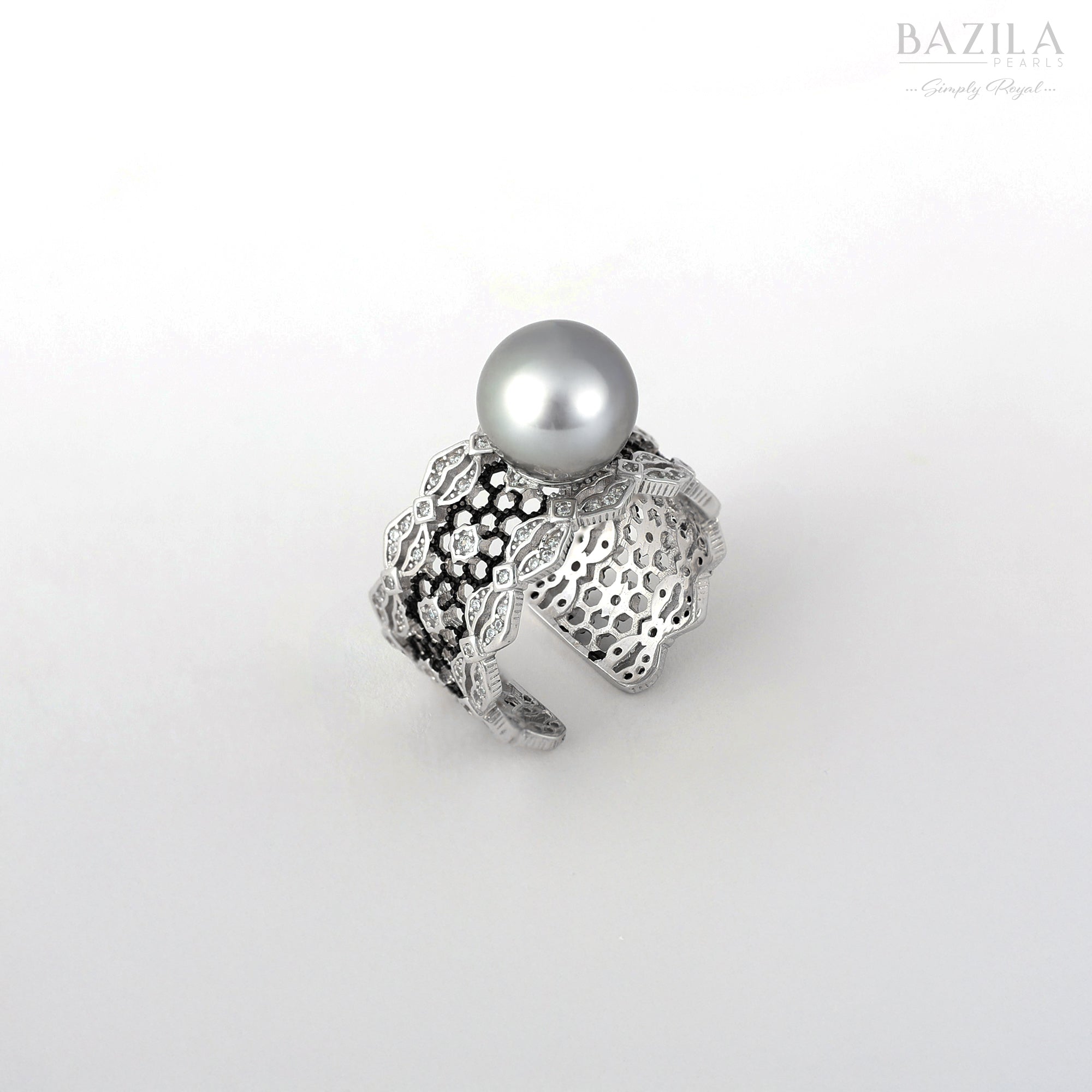 Seawater Cultured Akoya Pearl Silver Ring with Ornate Filigree Craftsmanship