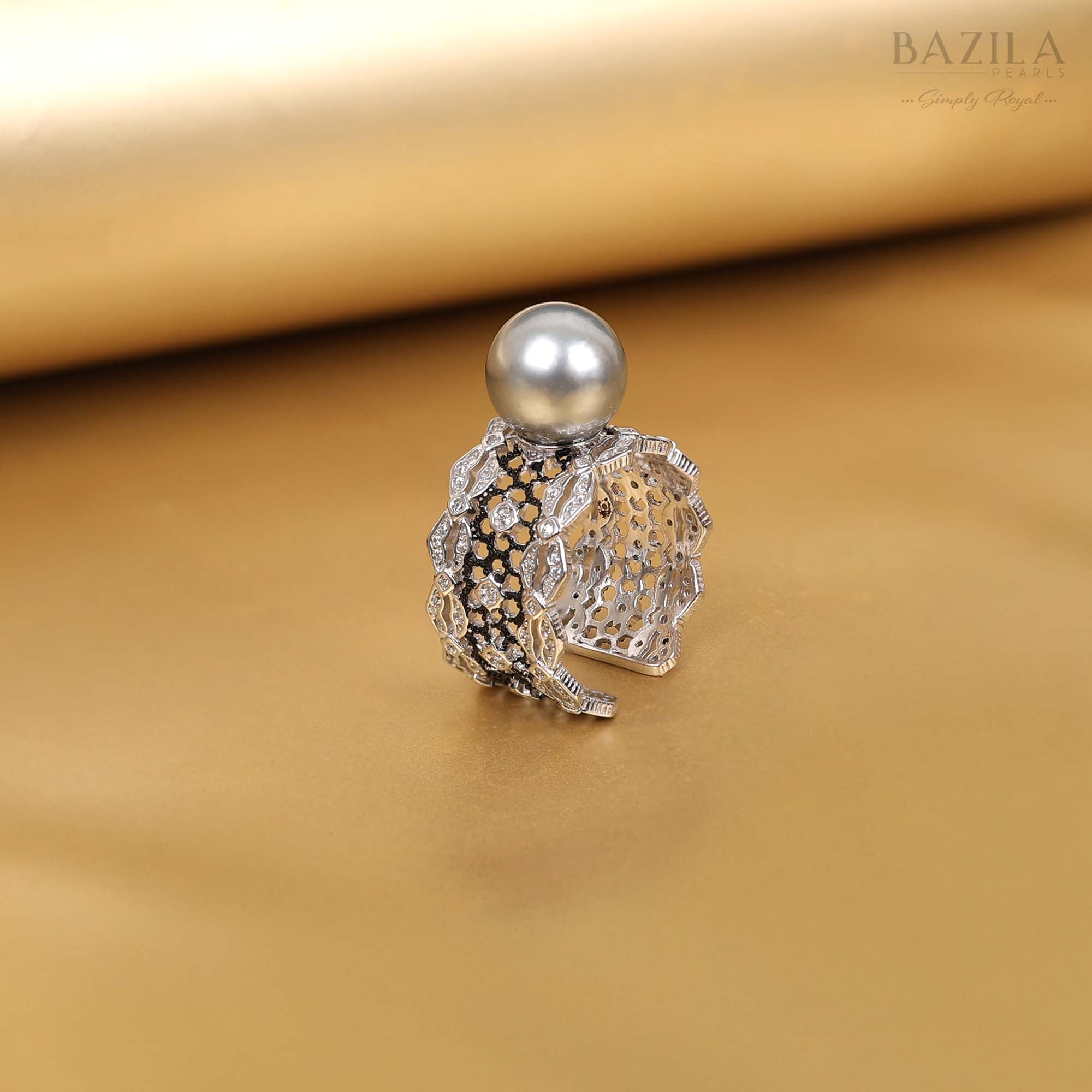 Seawater Cultured Akoya Pearl Silver Ring with Ornate Filigree Craftsmanship