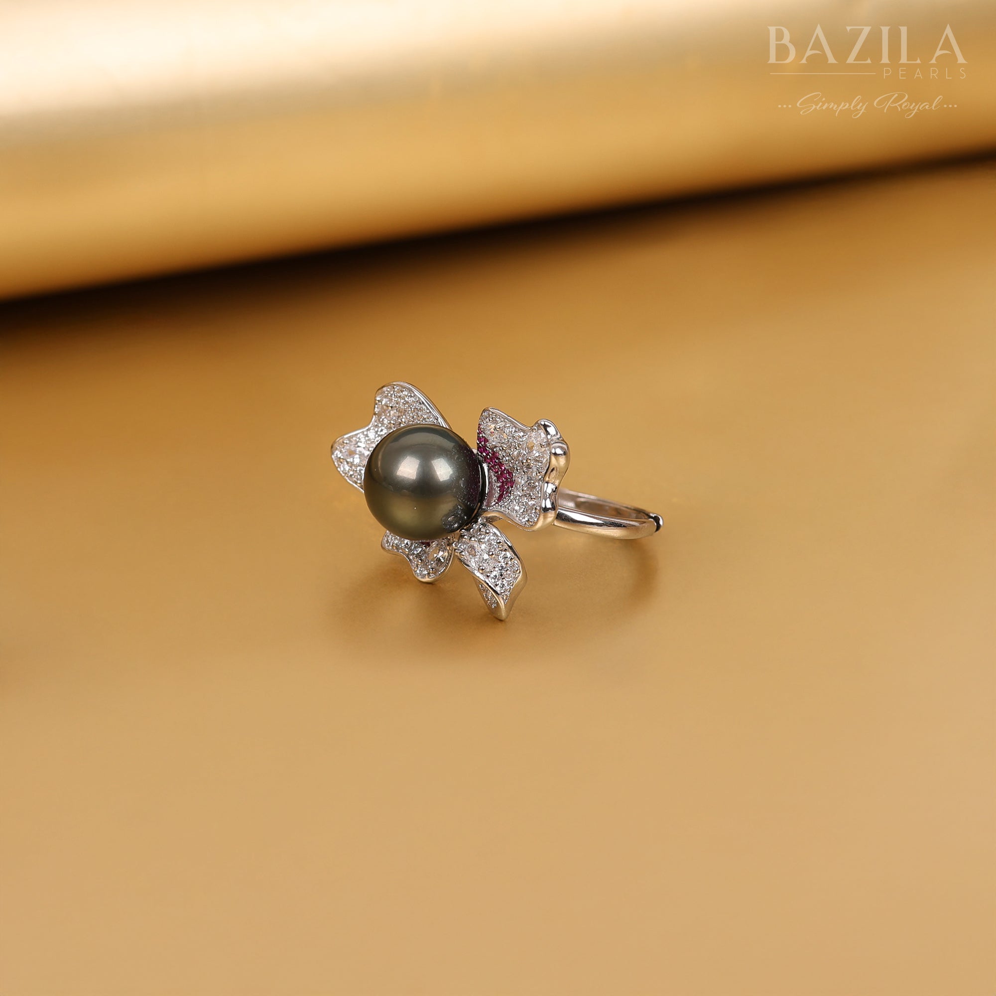 Tahitian Pearl Silver Ring with Zircon Sparkle and Ruby Accents in a Blooming Design