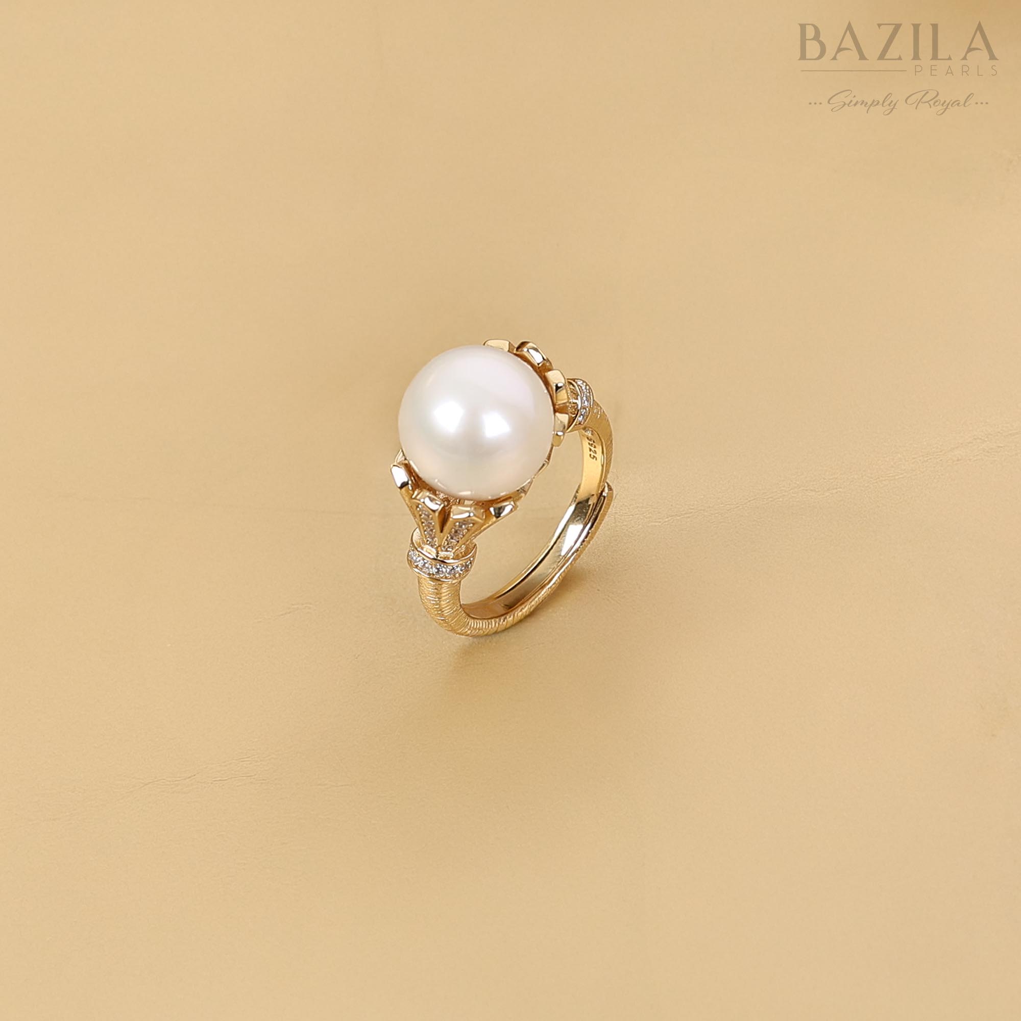 South Sea Cultured Pearl Silver Ring with Gold Finish and Zircon Detailing