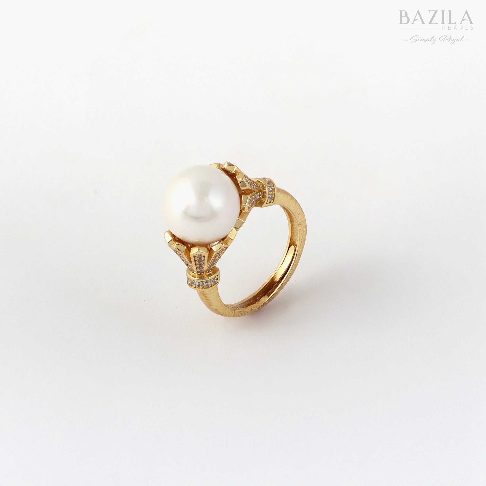 South Sea Cultured Pearl Silver Ring with Gold Finish and Zircon Detailing