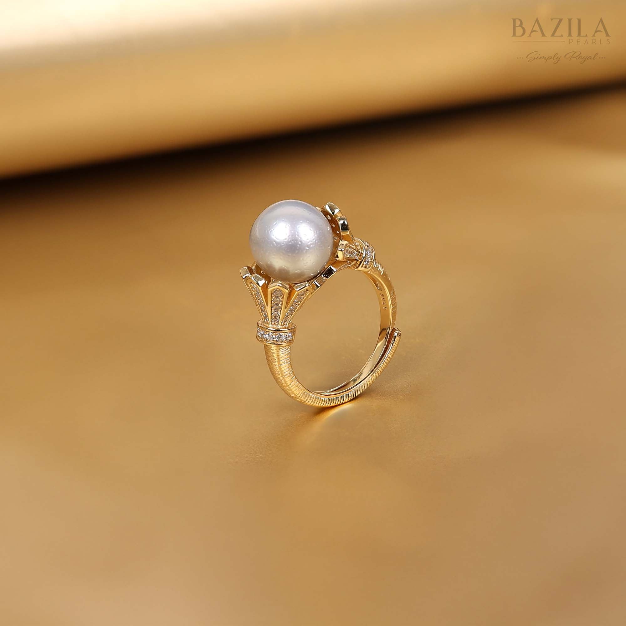 Classic South Sea Pearl Silver Ring with Gold-Tone Finish Embellishments