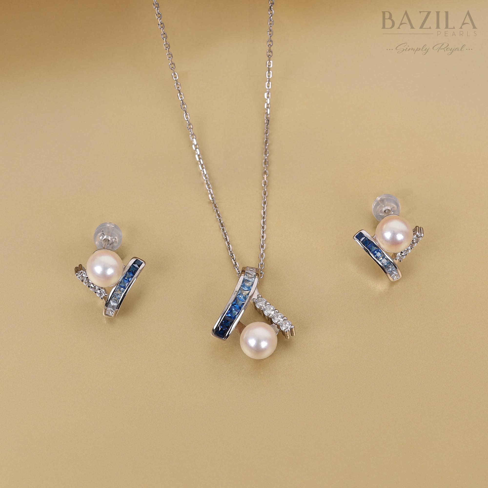 Elegant Akoya Cultured Pearl Pendant and Earring Set in Sterling Silver with Blue Sapphire Accents