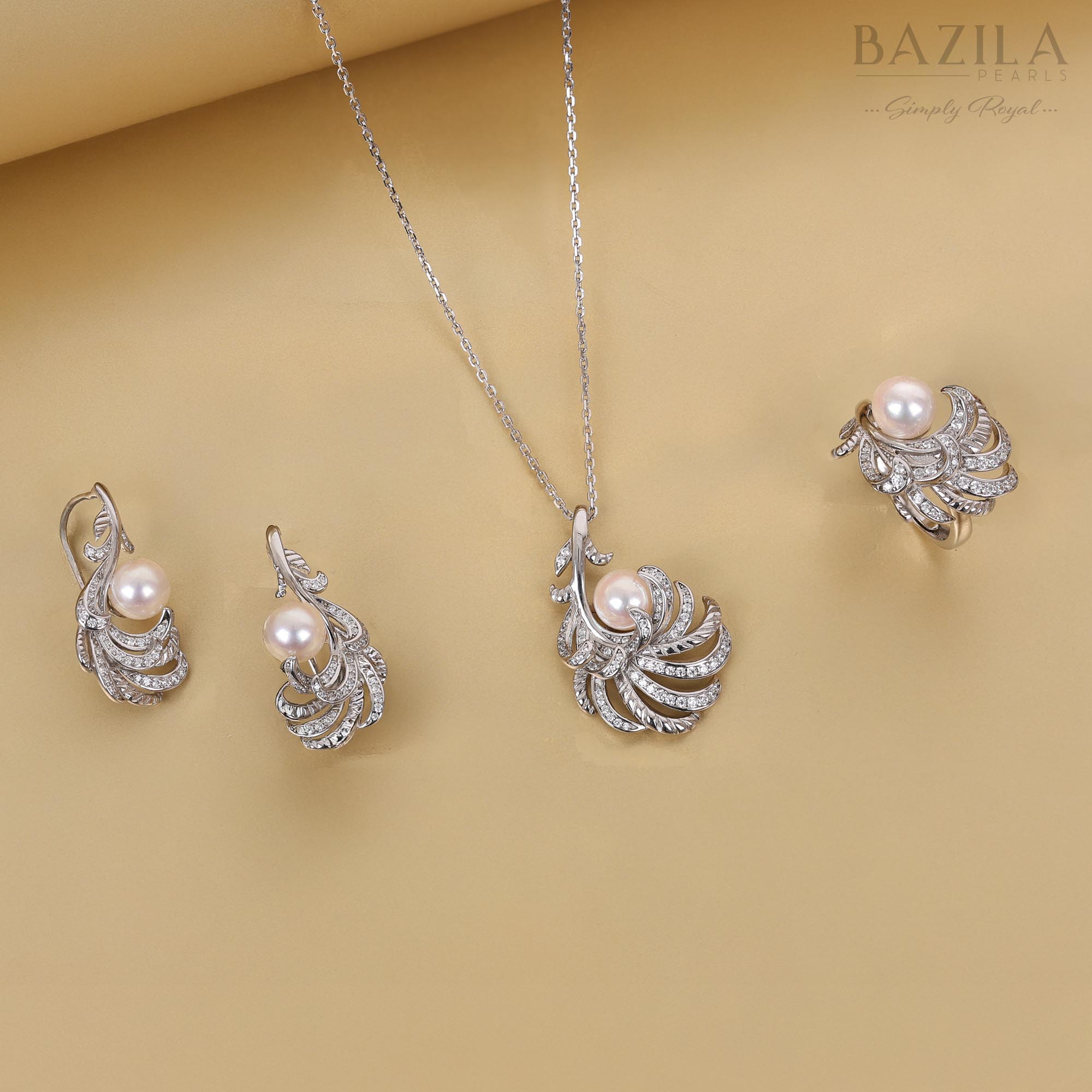 Akoya Cultured Pearl Pendant, Earring & Ring Set in Sterling Silver with Intricate Feather-Inspired Design