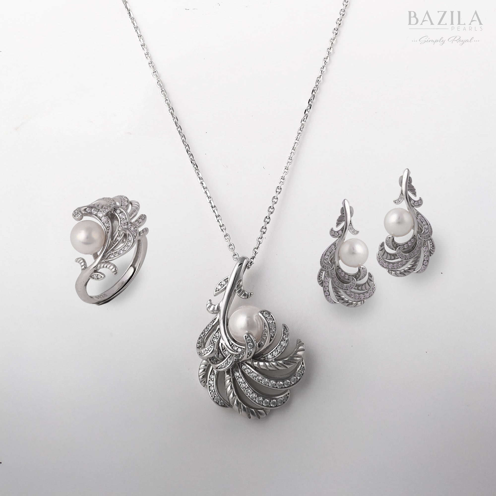 Akoya Cultured Pearl Pendant, Earring & Ring Set in Sterling Silver with Intricate Feather-Inspired Design
