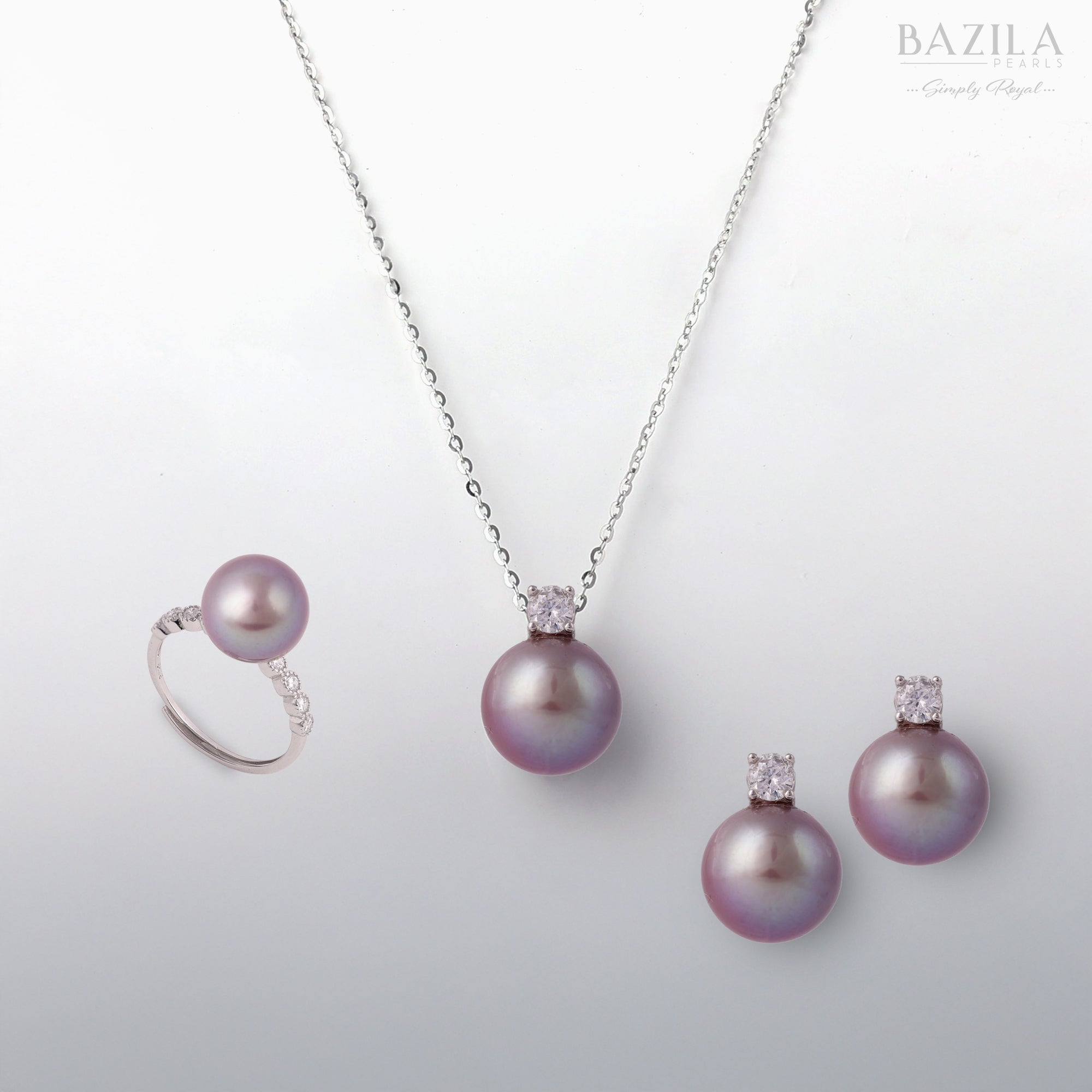 Graceful Lavender-Hued Edison Pearl Jewellery Set with Crystal-Studded Silver Finish