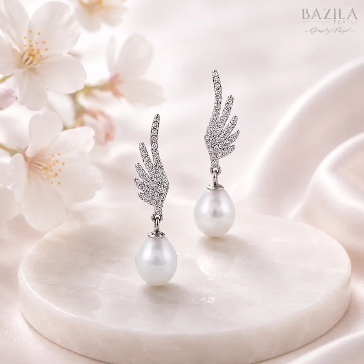 White Pearl Stud Earrings with Angelic Zircon Wings