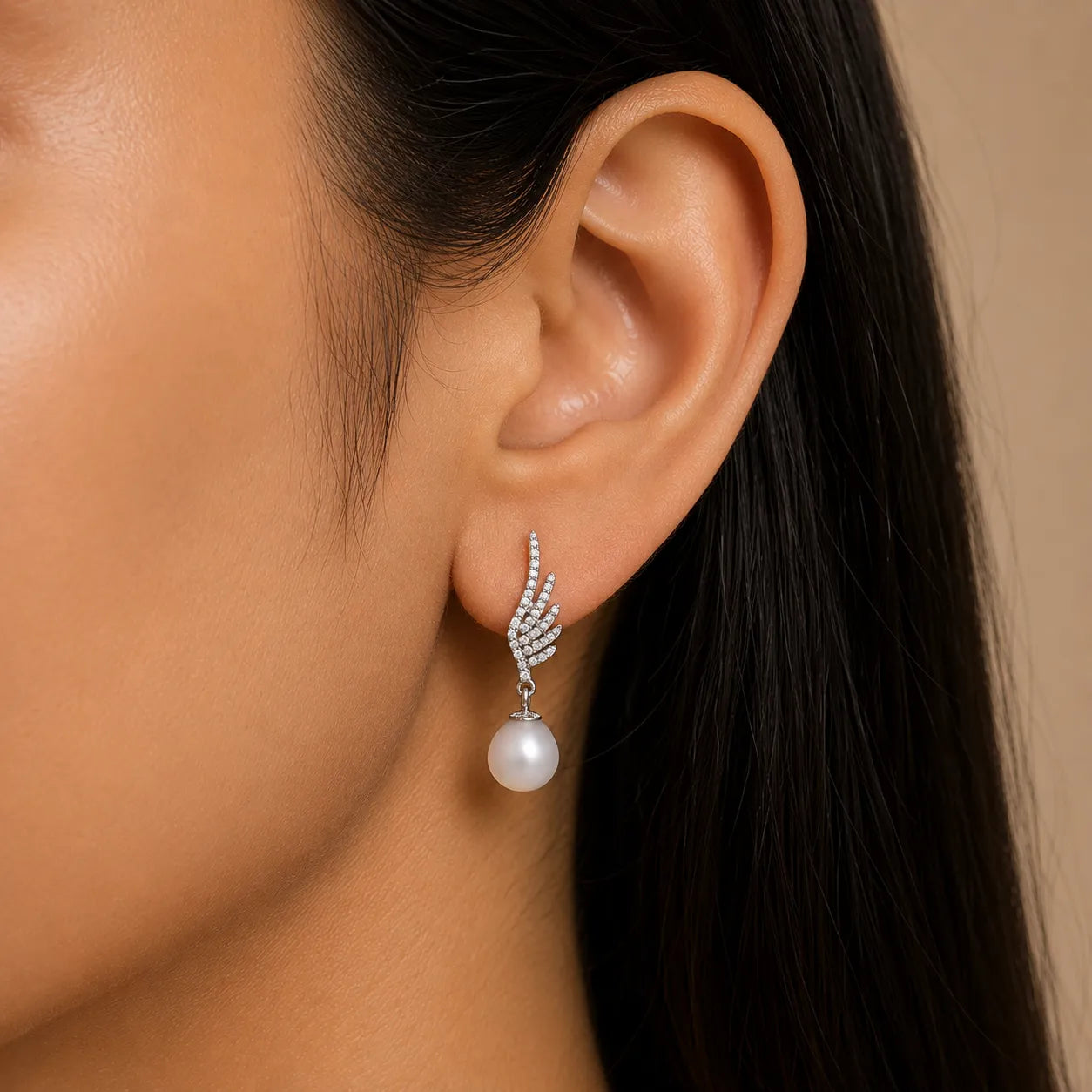 White Pearl Stud Earrings with Angelic Zircon Wings