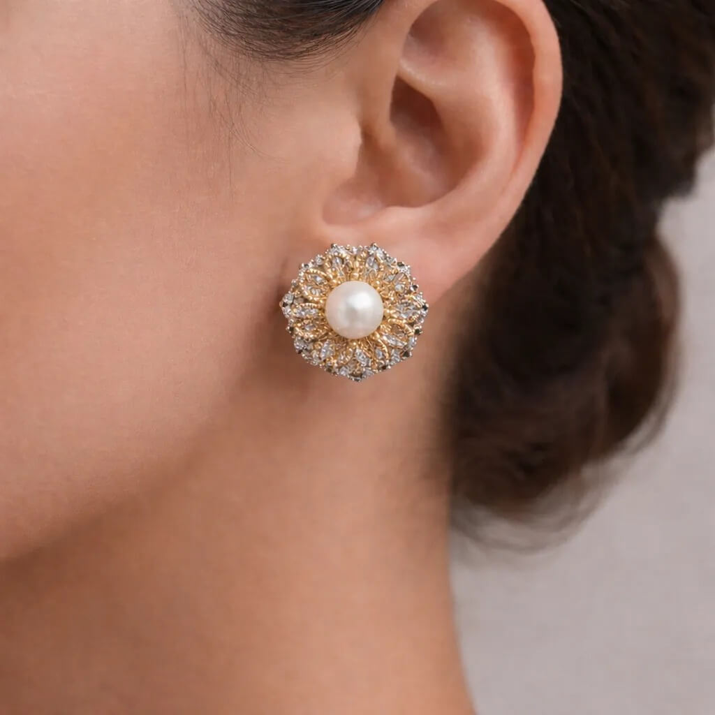 Freshwater Cultured Pearl Sunflower-Inspired Stud Earrings