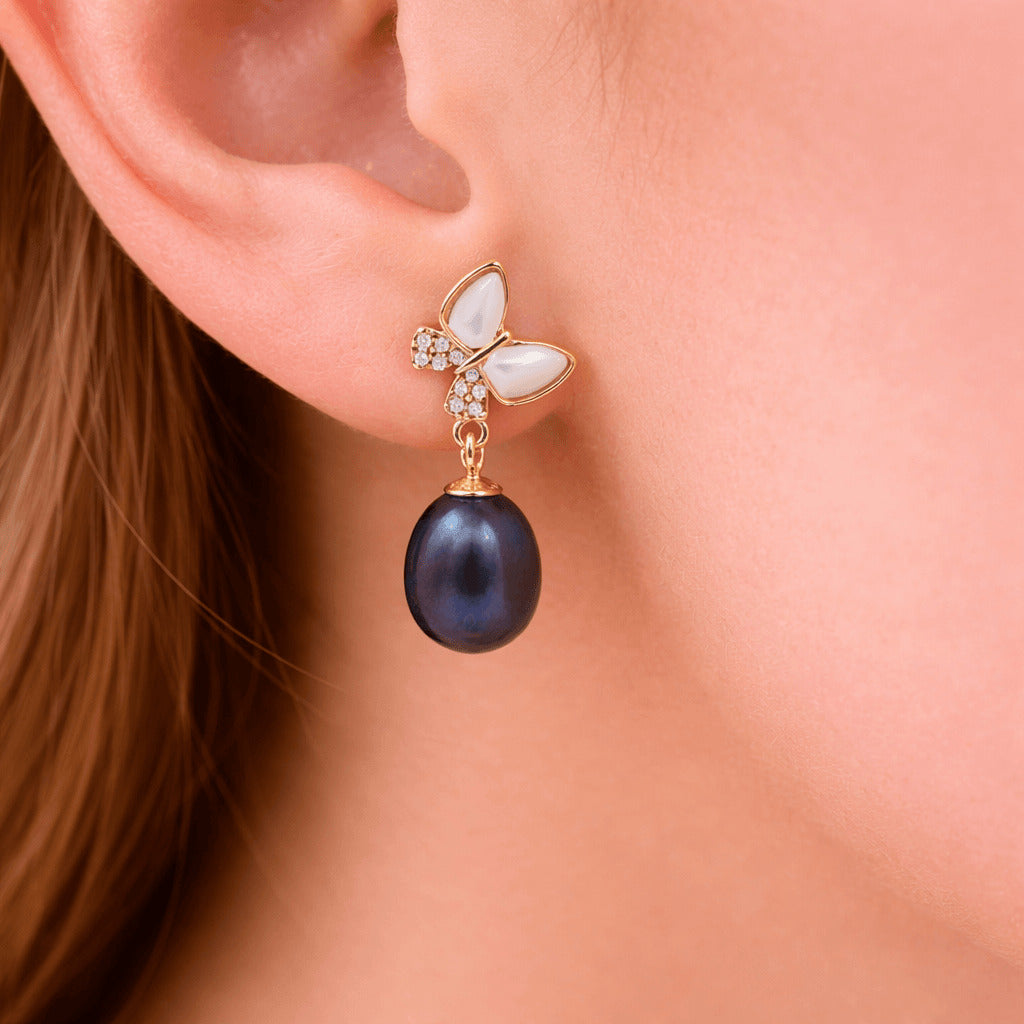 Peacock Blue Fresh Pearl Butterfly Drop Earrings – Gold Finish