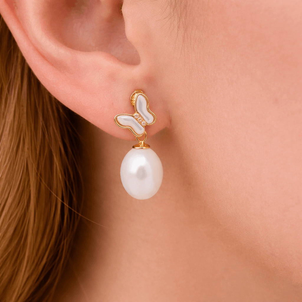 White Fresh Pearl Butterfly Drop Earrings – Gold Finish