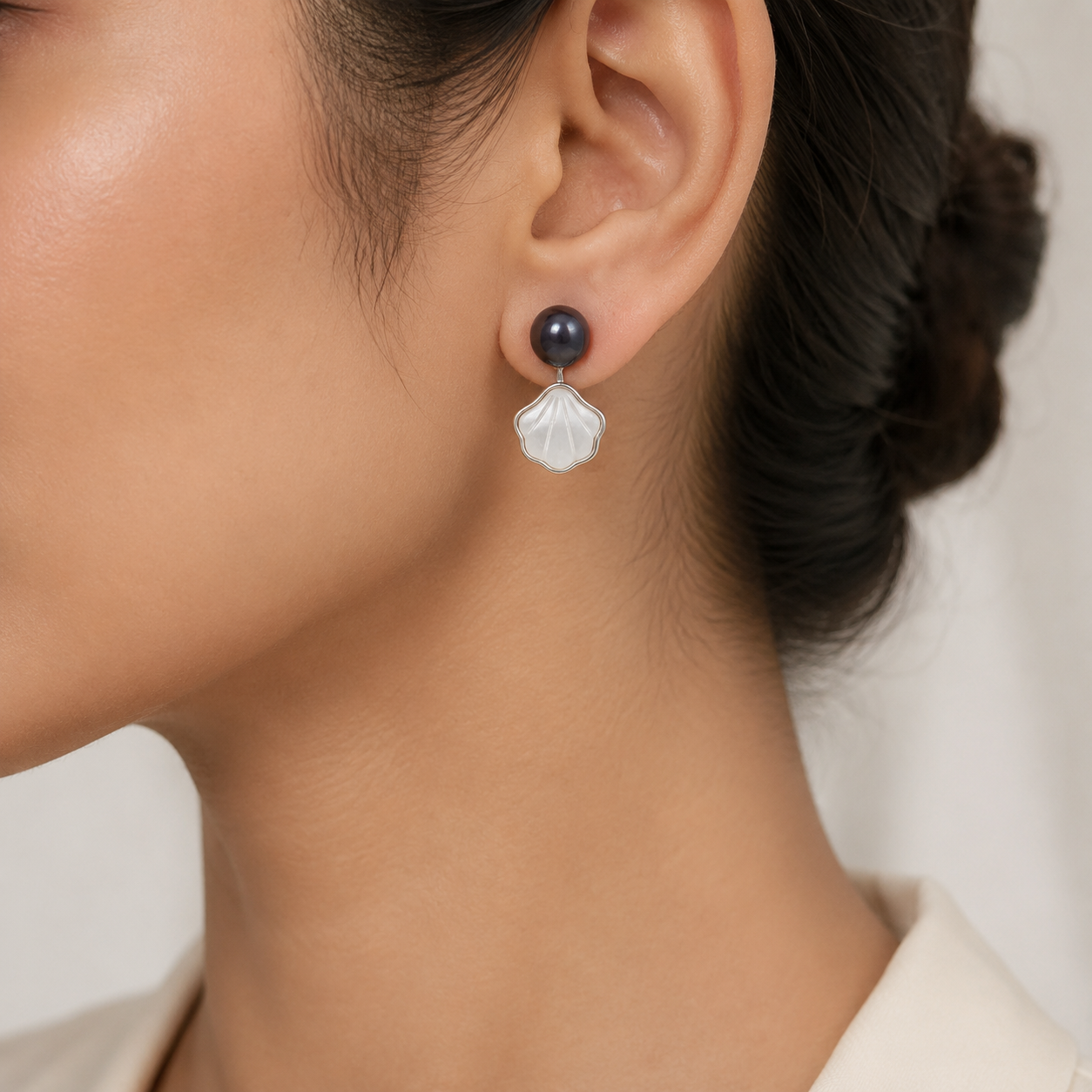 Black Fresh Pearl Shell Drop Earrings – Silver Finish