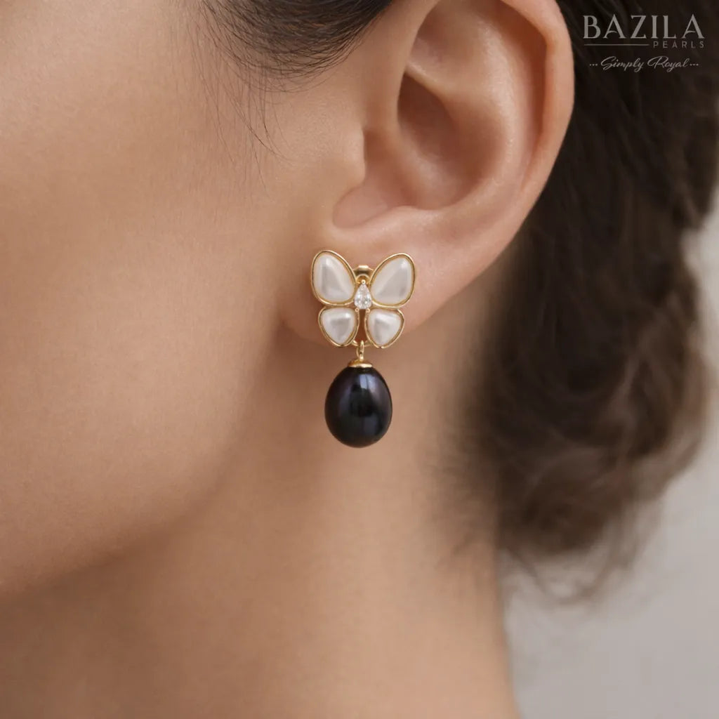 Black Fresh Pearl Butterfly Drop Earrings – Gold Finish