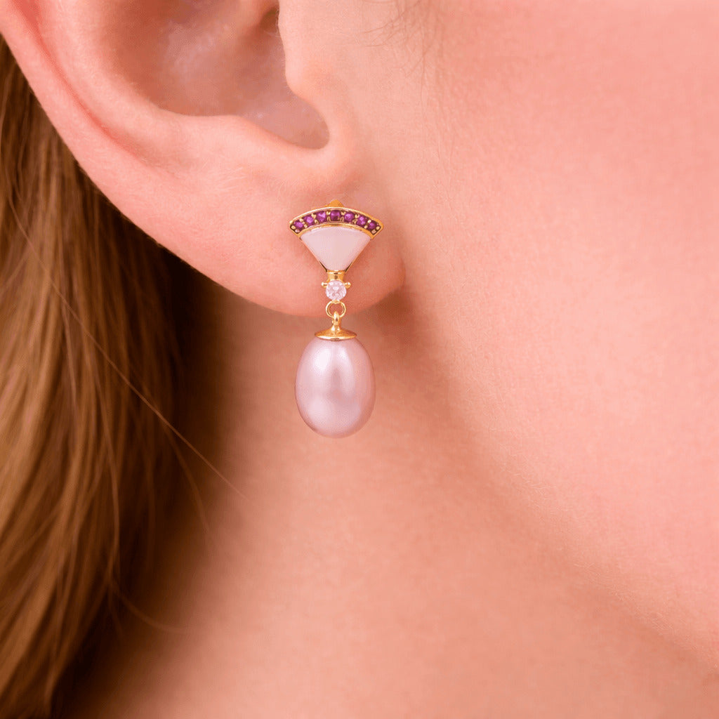 Pink Fresh Pearl Drop Earrings with Ruby Accent – Gold Finish