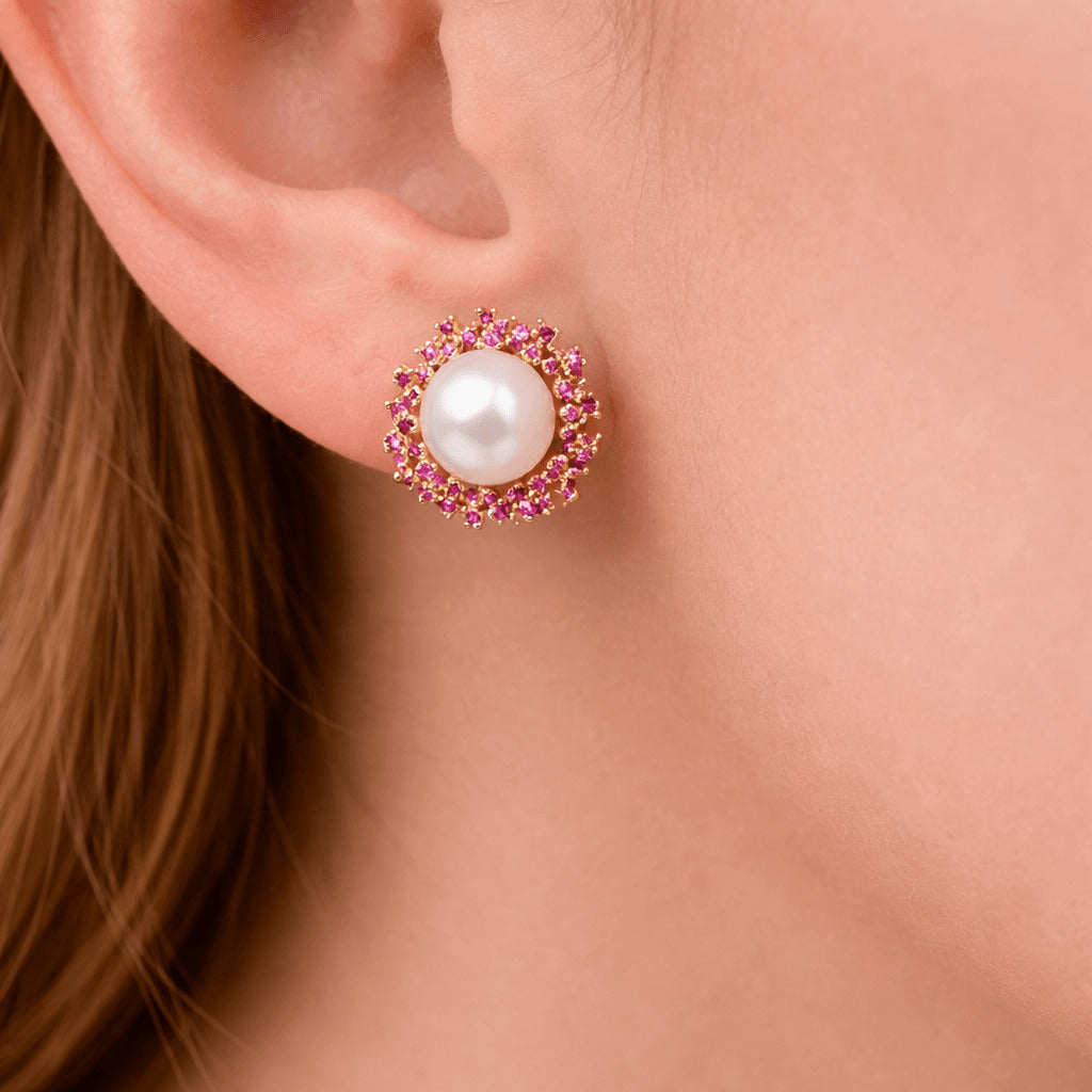 White Fresh Pearl Stud Earrings with Pink Stone Halo – Gold Finish