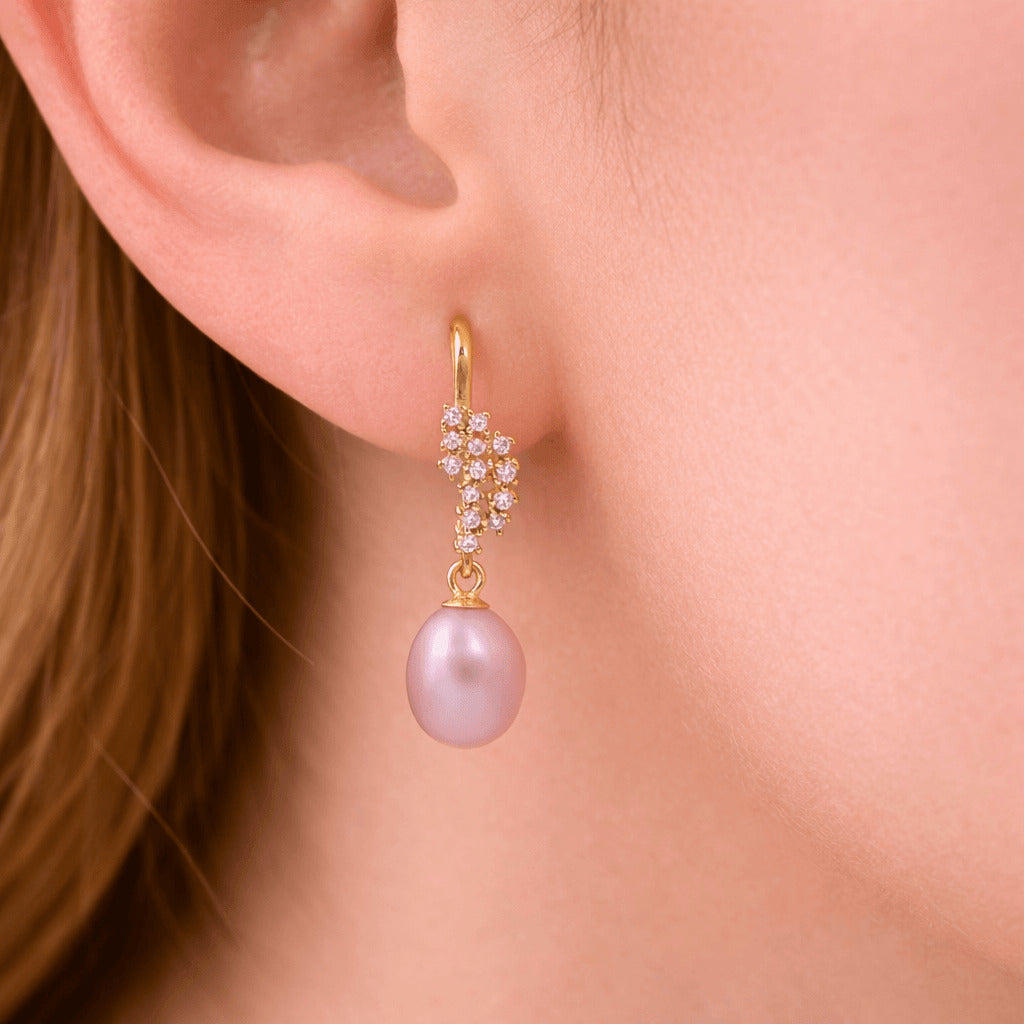 Pink Pearl Drop Earrings with Crystal Cluster Accent in Gold Finish