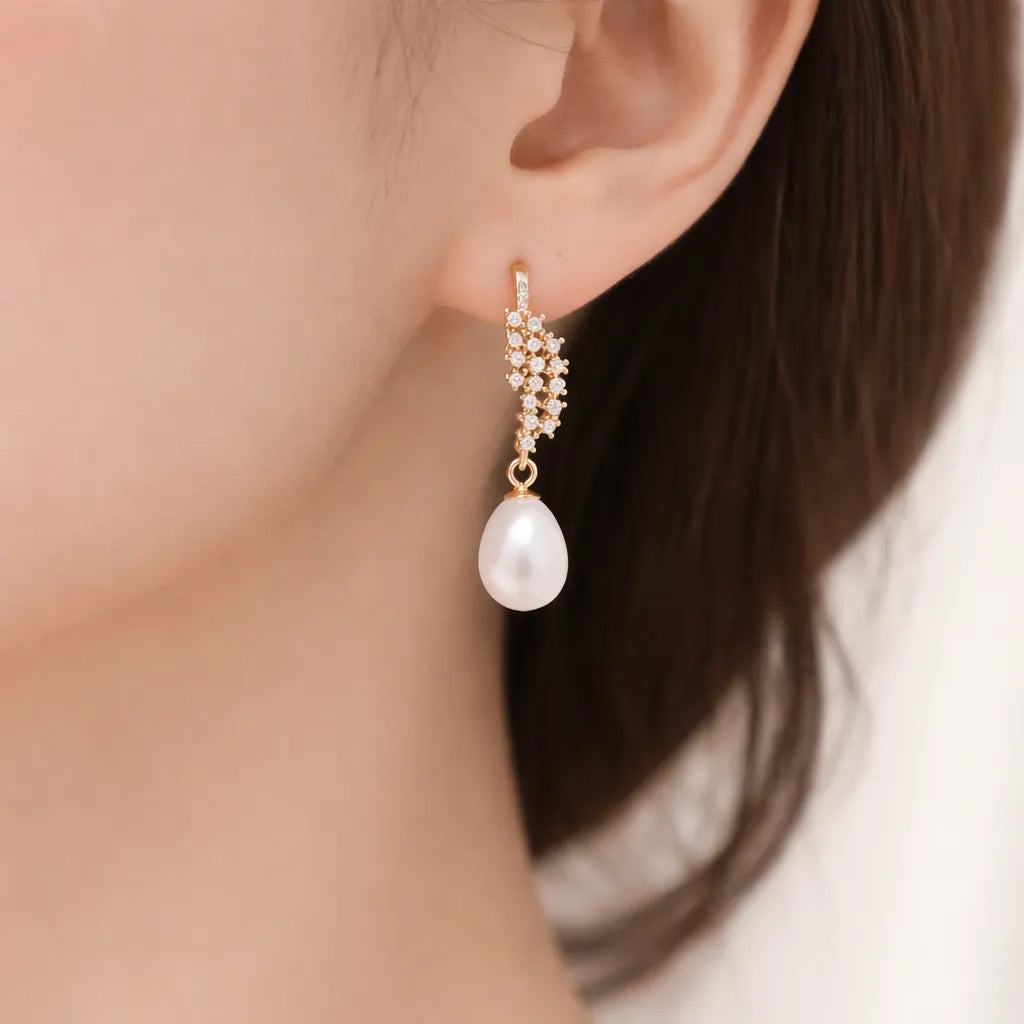 White Pearl Drop Earrings with Crystal Cluster Accent in Gold Finish