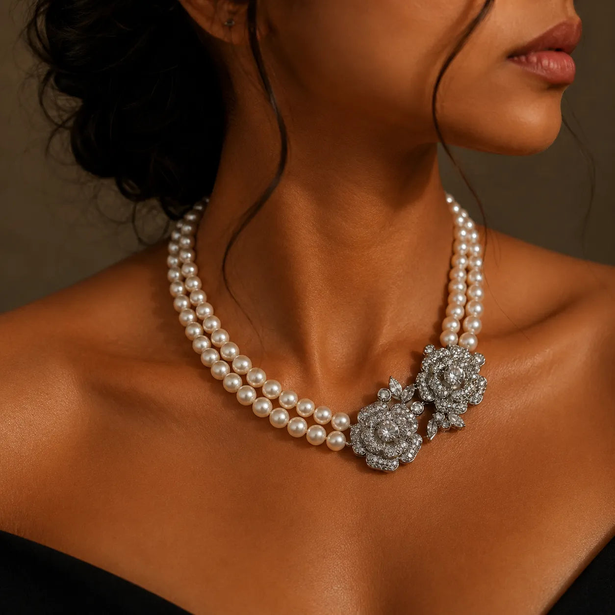 Double-Strand Pearl Choker with Floral Zircon Clasp