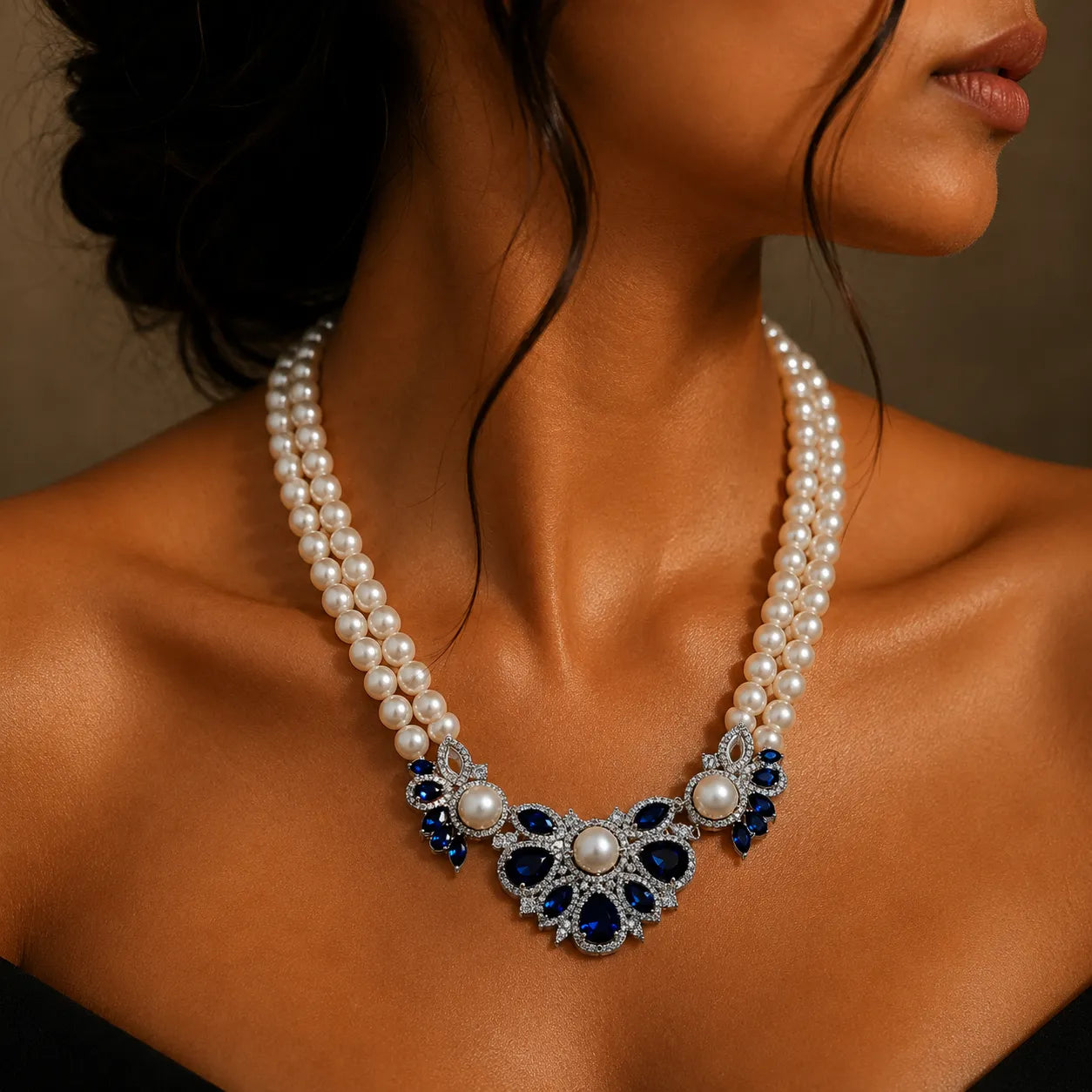 Luxurious Pearl Necklace with Sapphire and Zircon Detailing