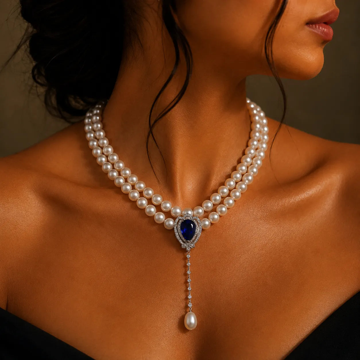 Graceful Twin-Strand Pearl Necklace with Ornate Zircon Centerpiece